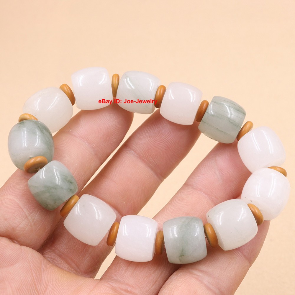 Natural Chinese Jade Stretch Bracelet -14mm Barrel Bead Elastic Bracelet 15-17cm