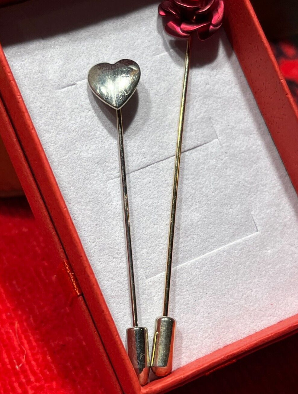 Vintage Two Metal Straight Pins Red Rose 1/2″ & Heart 3/4″ Diameter 1960’s