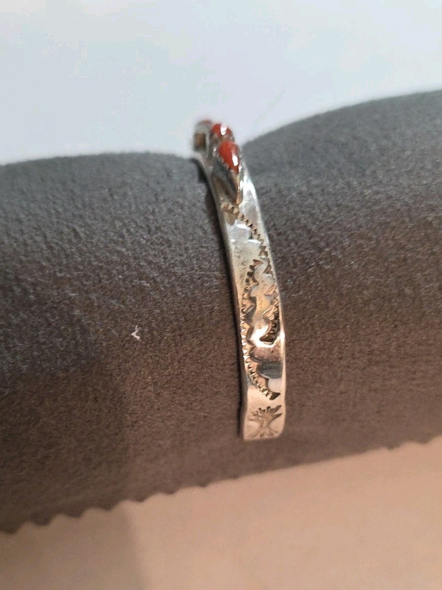 N.A. Navajo Baby Cuff Bracelet Silver And Coral 4.5″ Stamped. Signed EW