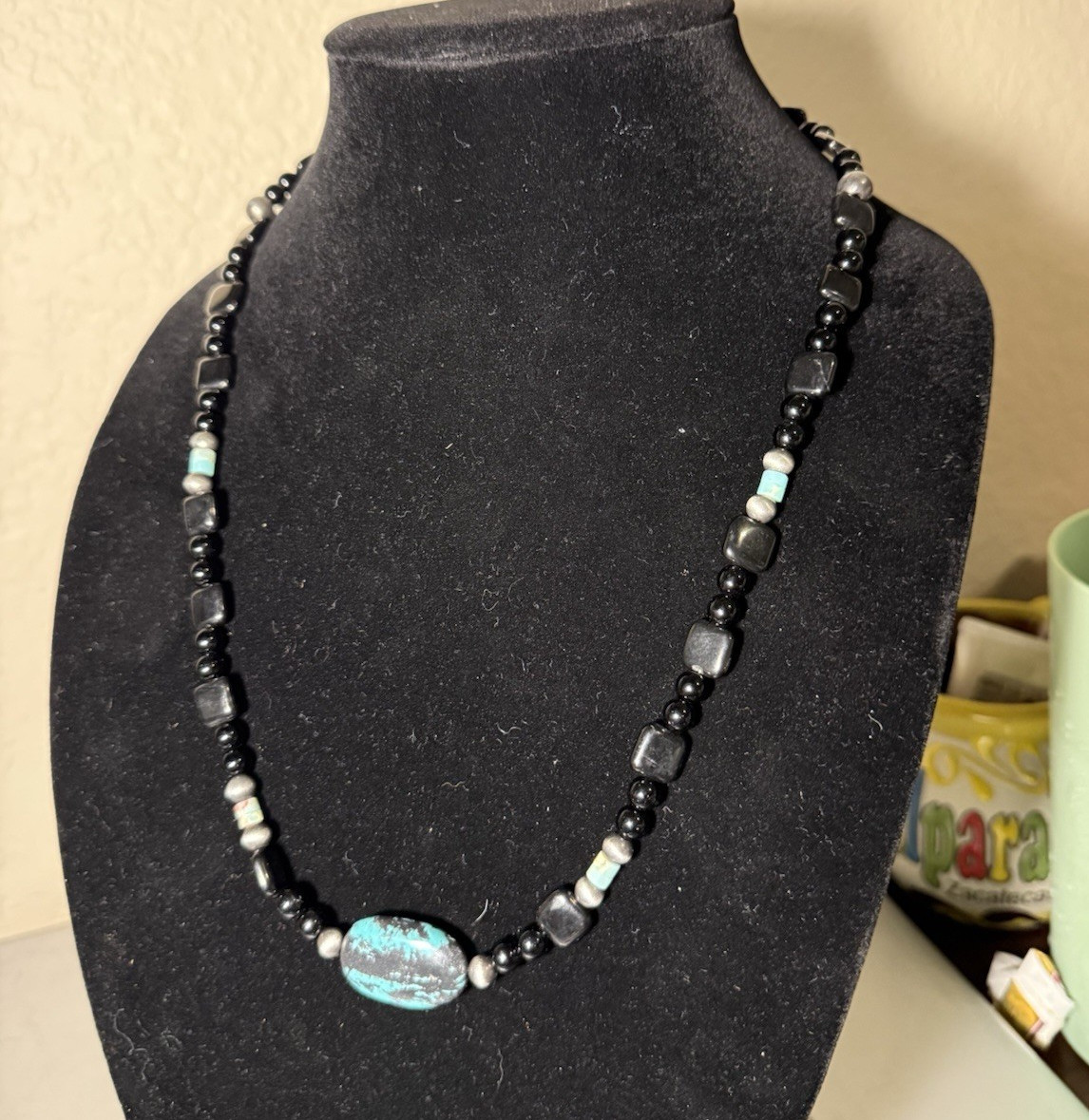 turquoise and black onyx beaded necklace with oval blue turquoise pendant