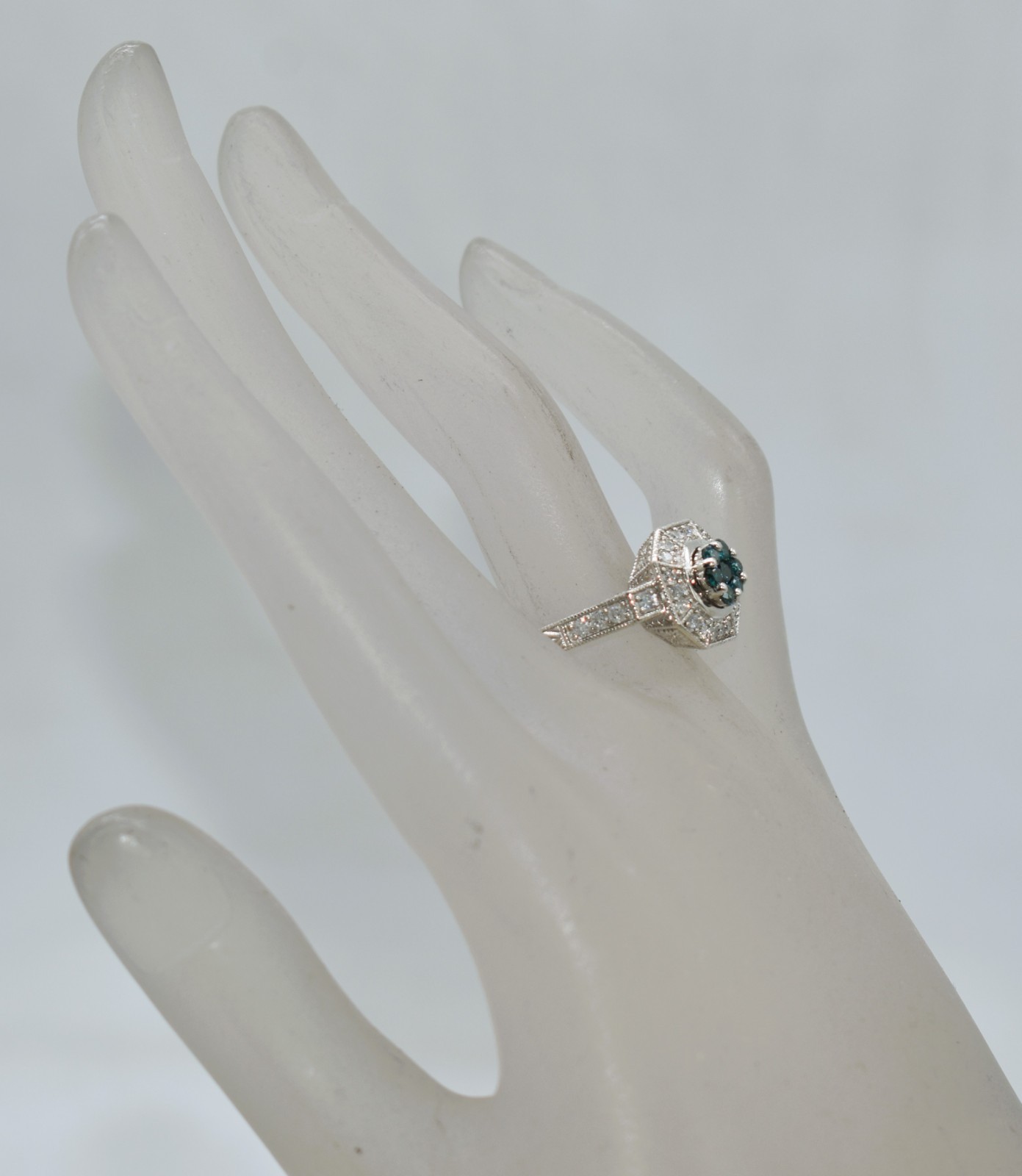 0.57 CT TW Treated Blue & White Diamonds Sterling Silver Halo Ring Size 8-1/4