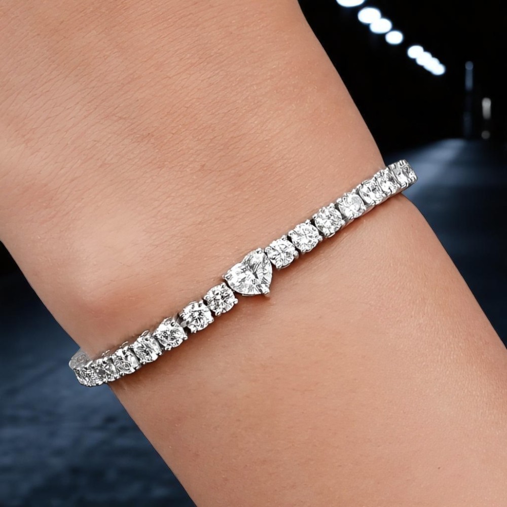 14K White Gold Heart Cut Diamond Bracelet 7 Carat GLI Lab Grown Womens