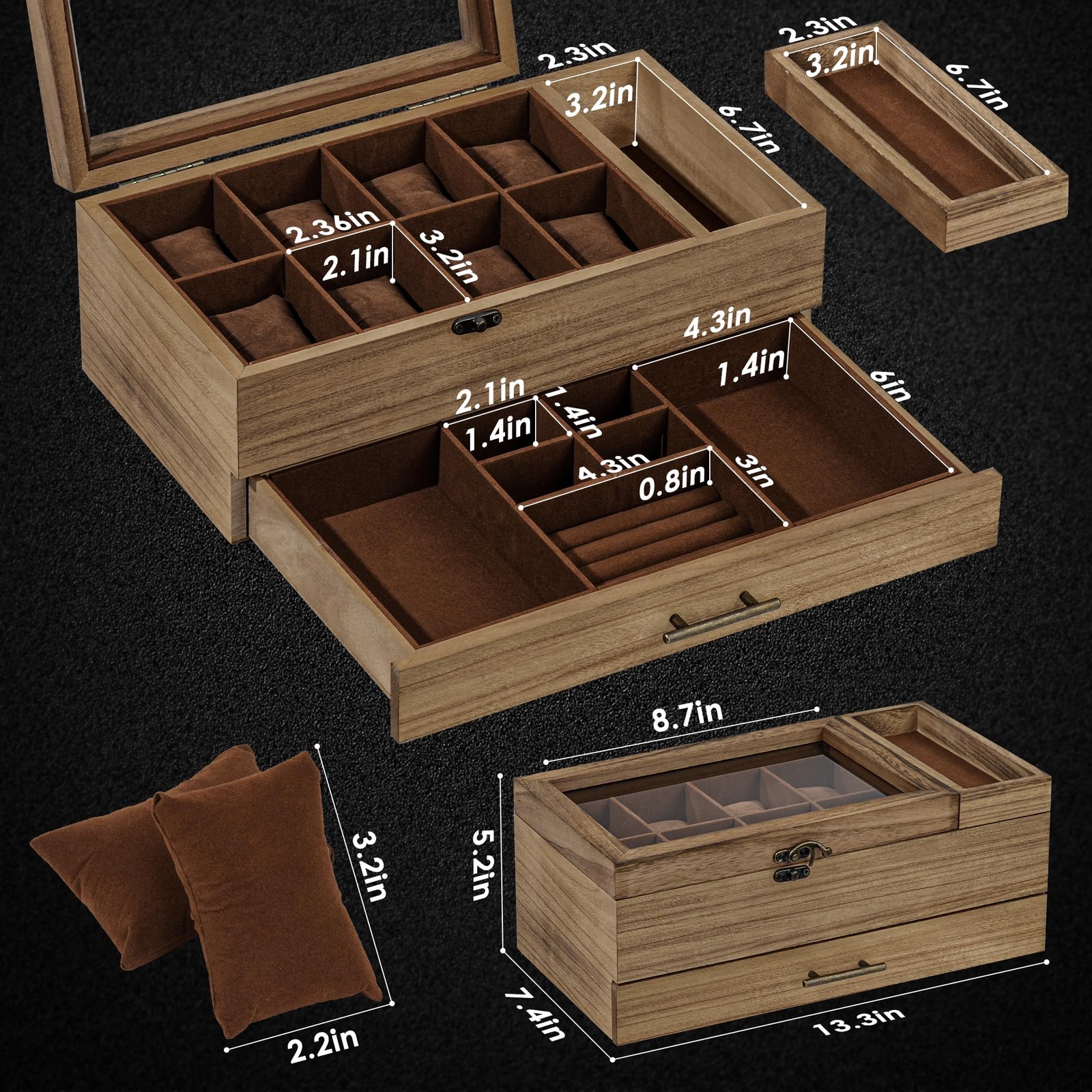 Watch Box with Tray, 2-Tier Watch Case for Large Dial Watches, 8-Slot Watch D…