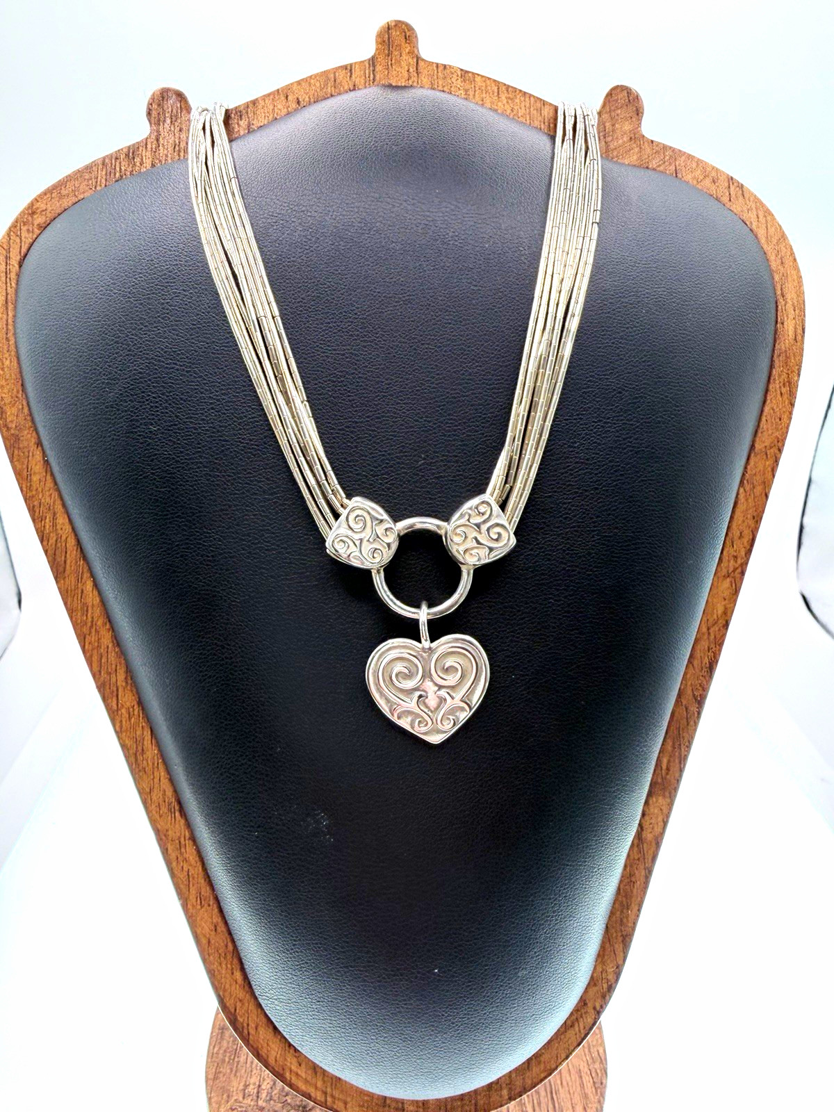 Signed S 925 Sterling Silver 8 Strand Liquid Silver Heart Necklace 17in+3in