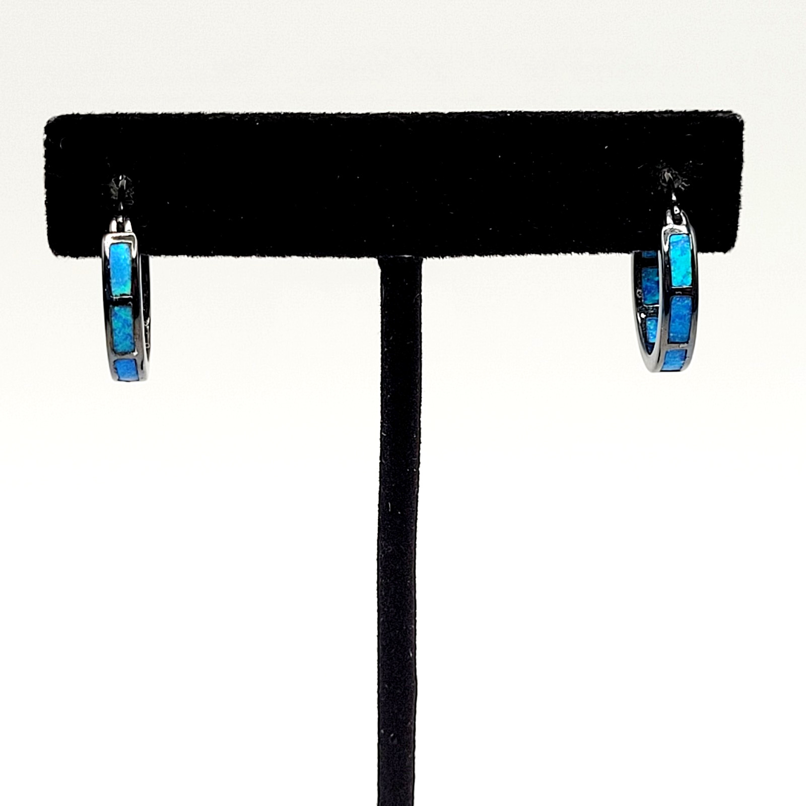 Blue Shade Opal Lab Created Inlay Dark Gunmetal Tone Small Hoop Pierced Earrings