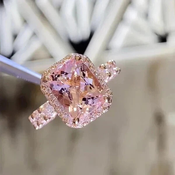 3Ct Emerald Lab-Created Pink Sapphire Halo Engagement Ring 14K Rose Gold Plated