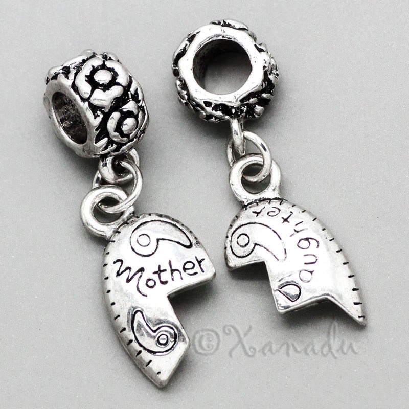 Mother Daughter Heart Halves Charm Bead Set For European Charm Bracelet Chains