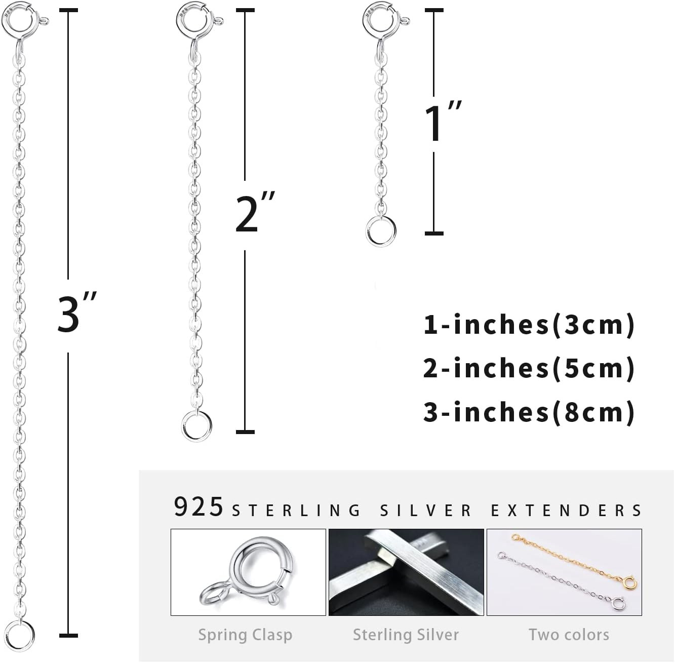 3 Pcs 925 Sterling Silver Necklace Extender, Durable Chain Extenders, Necklace B