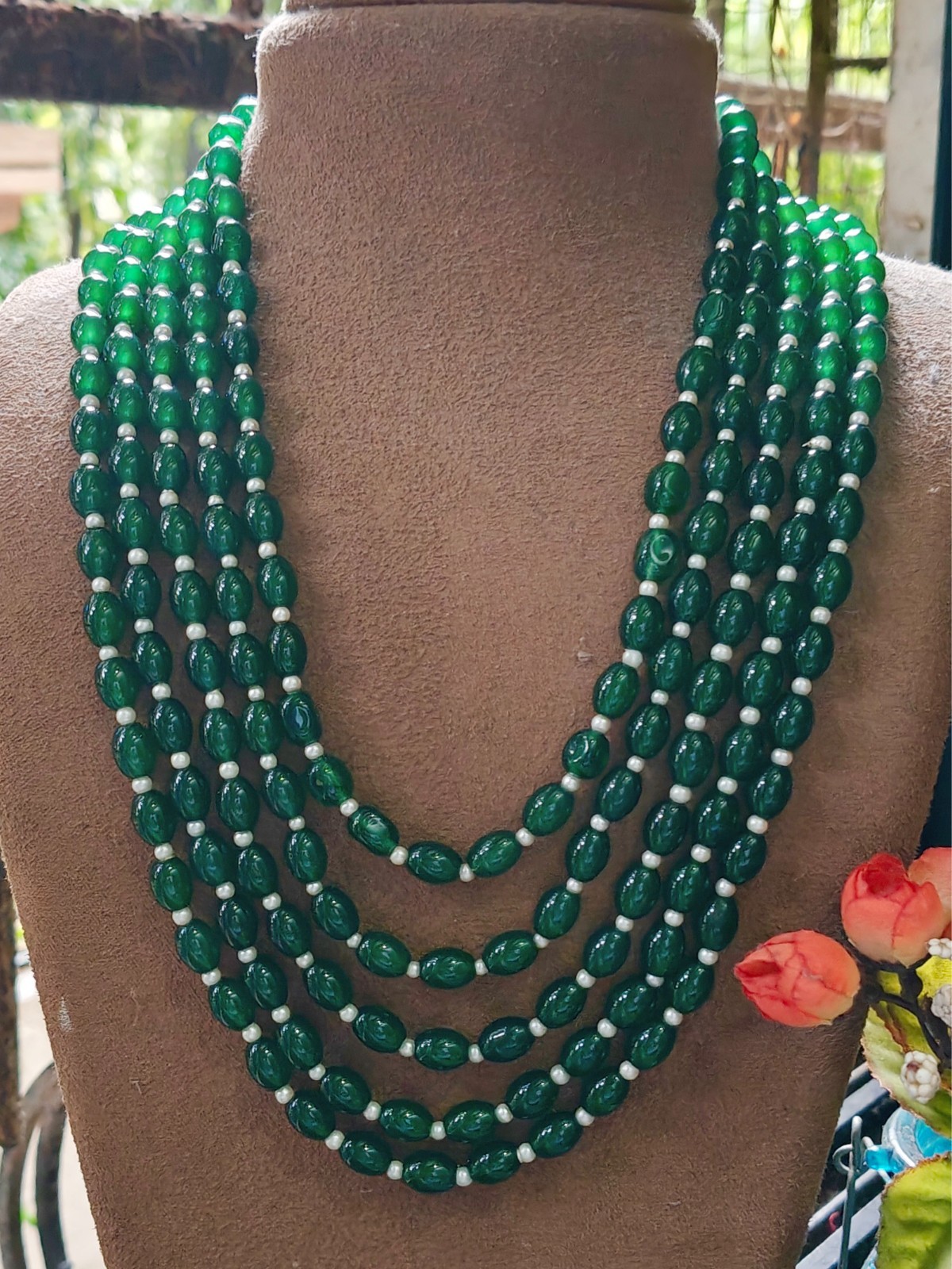 GREEN BEADED 24″INCH LONG 5 STRAND MALA INDIAN PAKISTANI WEDDING BRIDAL NECKLACE