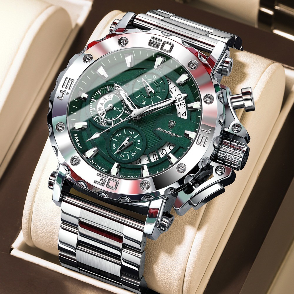 POEDAGAR Luxury Men’s Calendar Luminous Waterproof Stainless Steel Quartz Watch