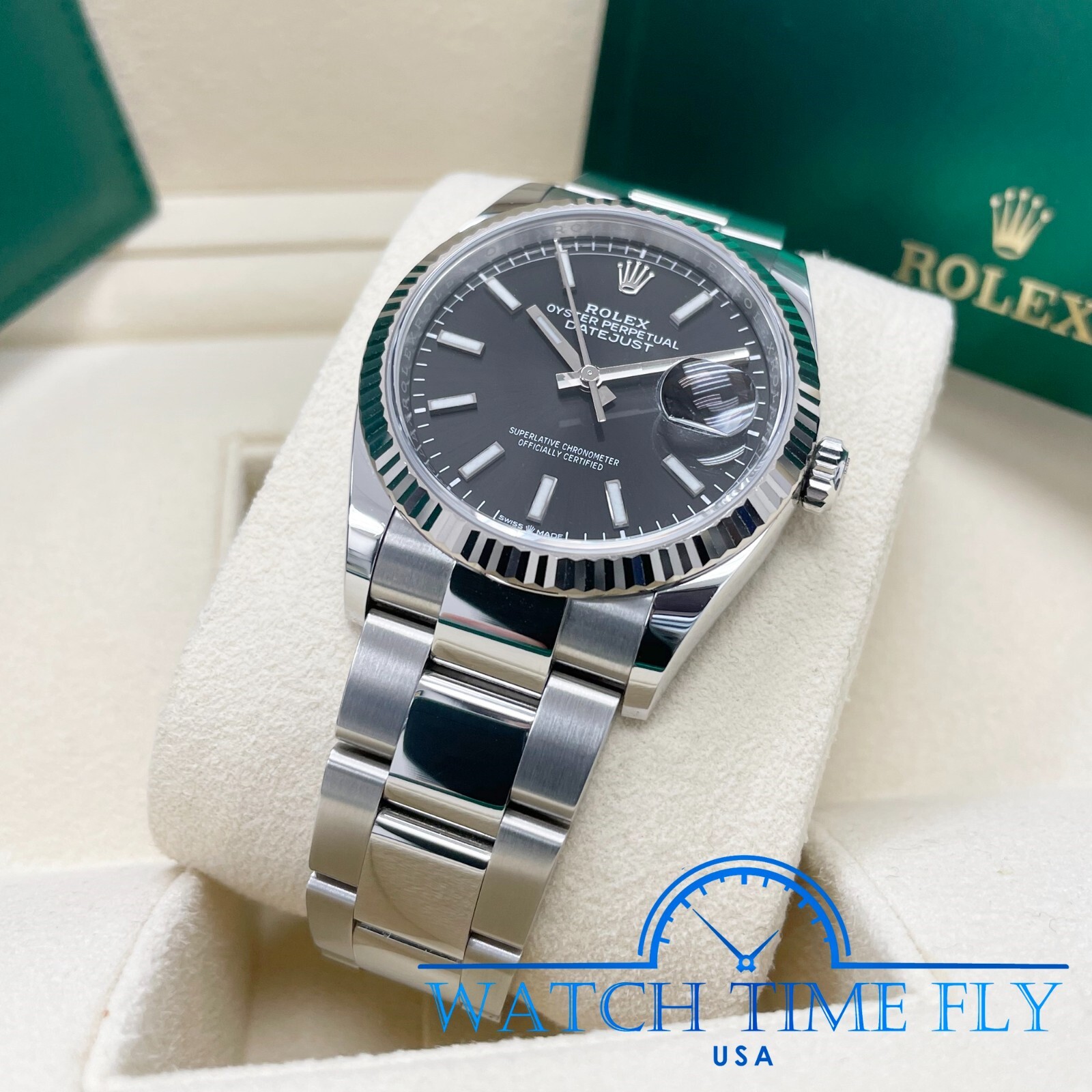 Rolex 126234 Stainless Steel Datejust 36mm Fluted Bezel Black Index Stick Dial