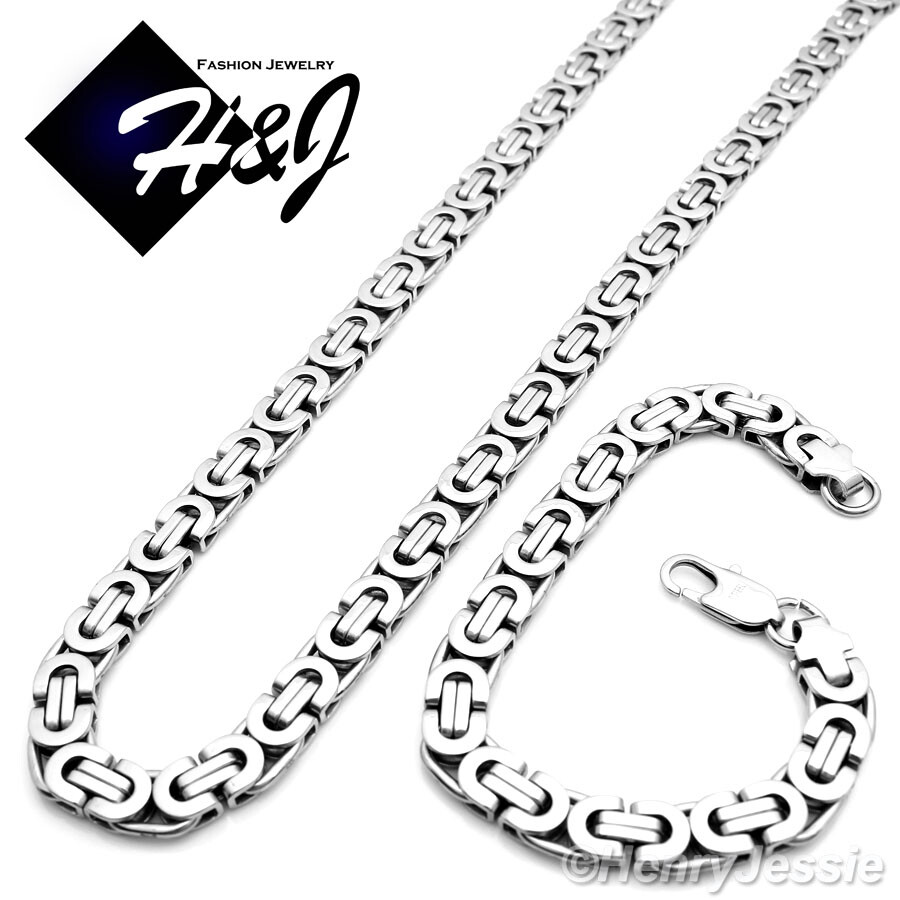24″MEN Stainless Steel 8mm Silver Flat Byzantine Box Chain Necklace Bracelet SET