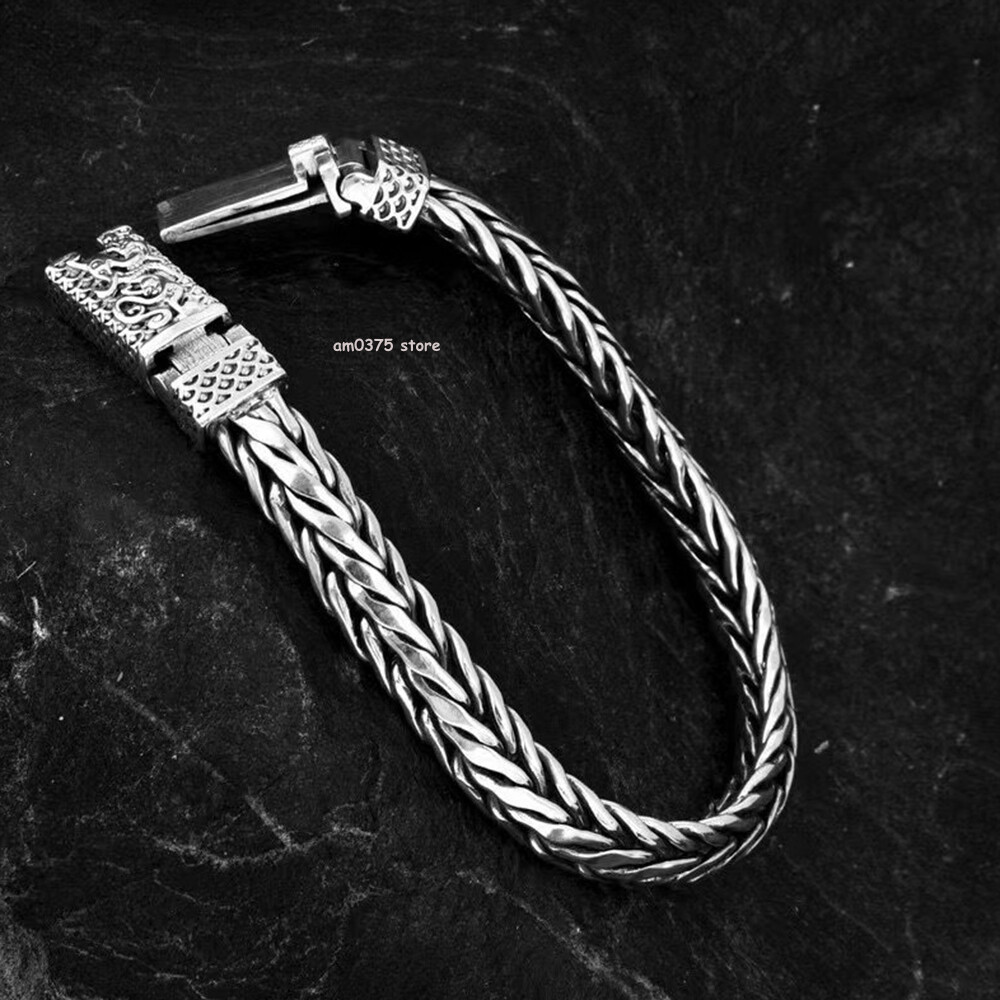 Real S925 Sterling Silver Bracelet Men Women 9mm Dragon Weave Link Chain