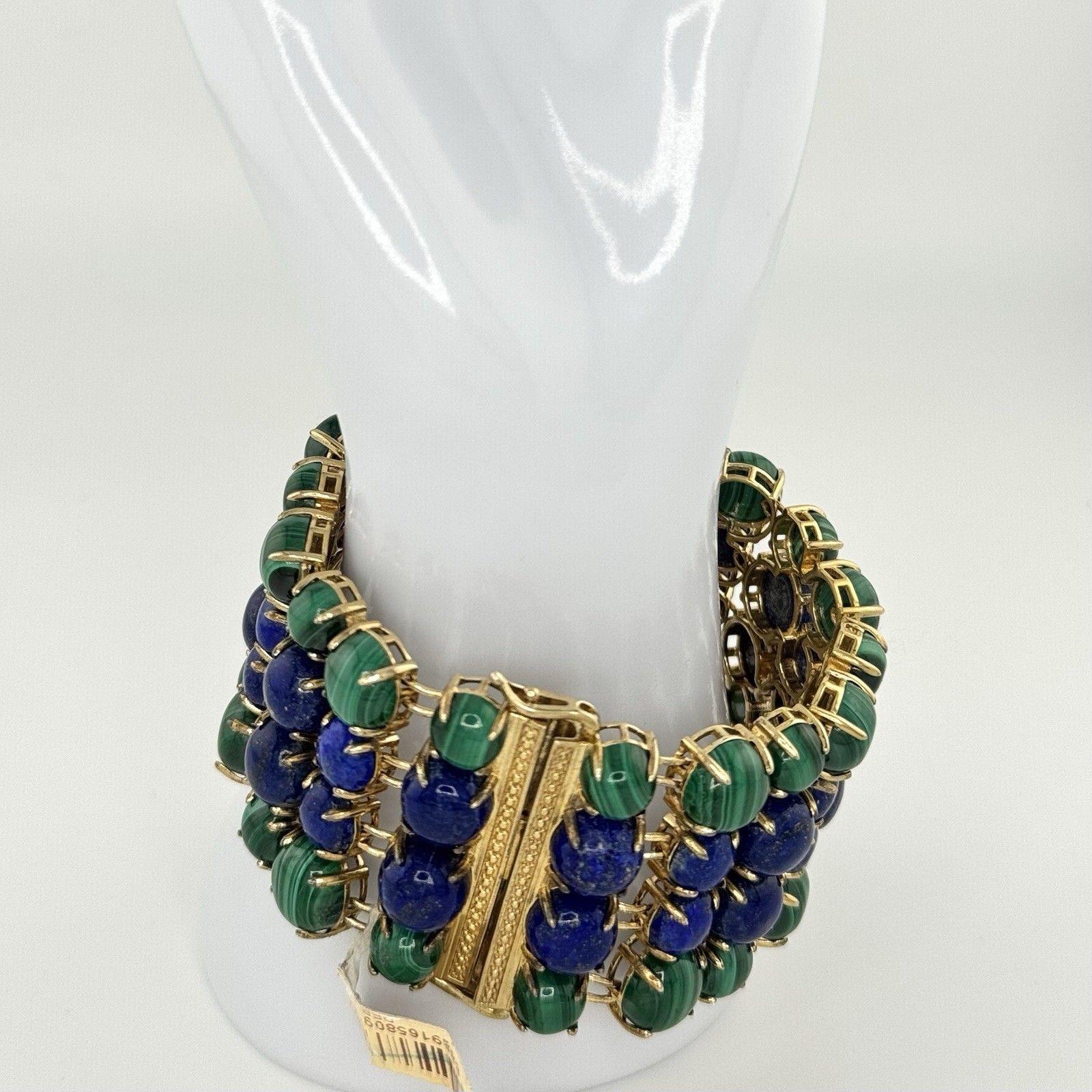 JAWDROPPING Rarities 100+ cts Malachite & Lapis 4-row 14k over 925 Link Bracelet