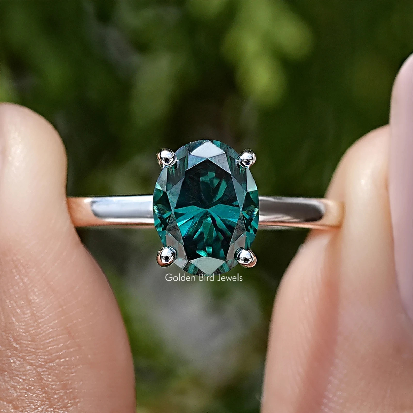 Dark Green Oval Moissanite Solitaire Hidden Halo Ring