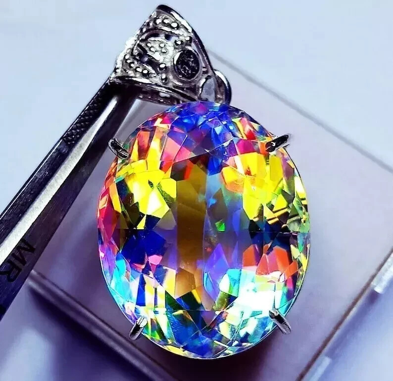 Natural Oval Mystic Topaz 98.15 Ct+ 925 Solid Silver Rainbow Pendant Gemstone