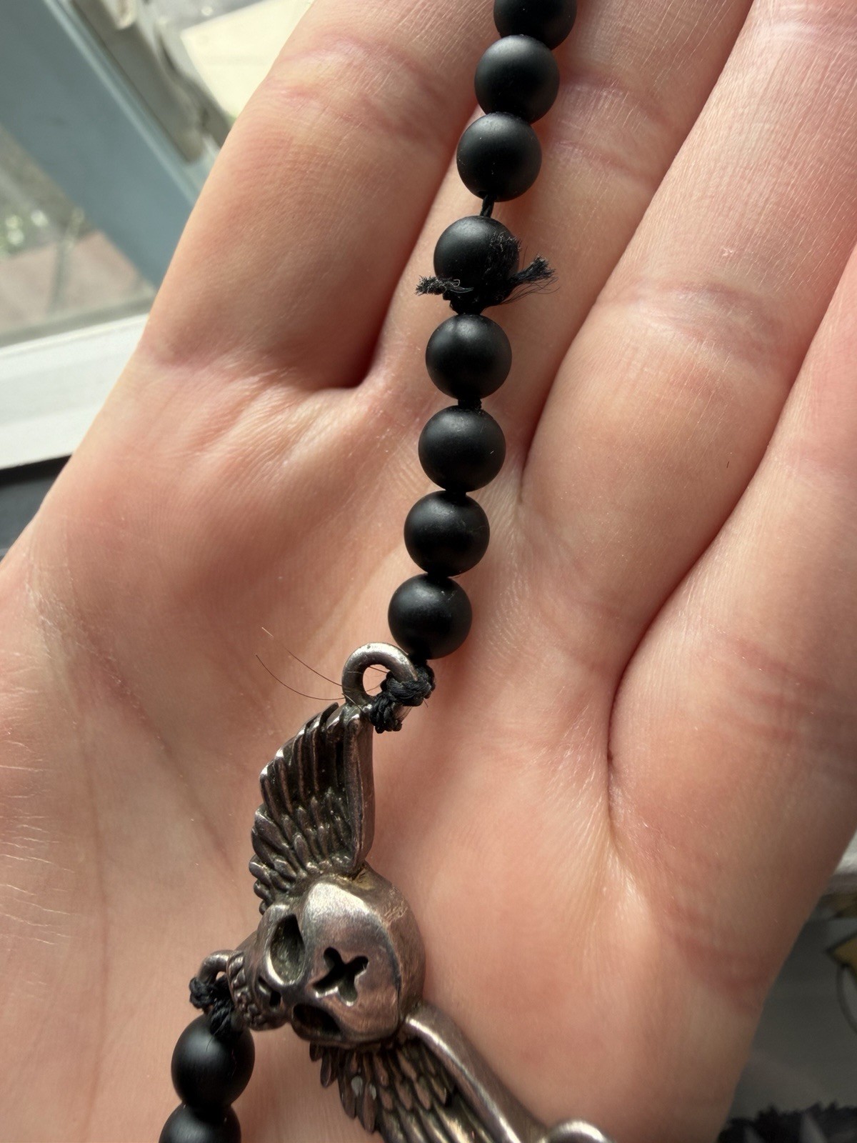 King Baby USA 925 Sterling Silver Skull Wing & Dagger Beaded Necklace