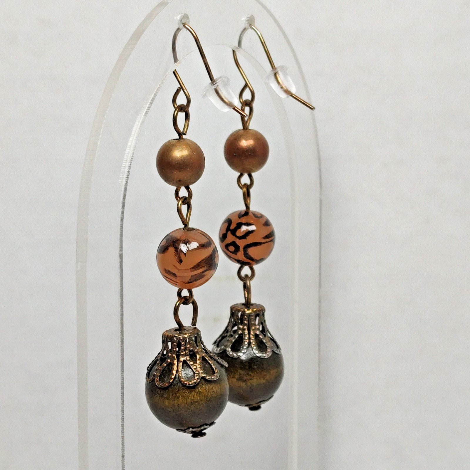 VTG Style Bronze Tone Metal Earth Tone Beaded Dangle Drop Hook Fashion Earrings
