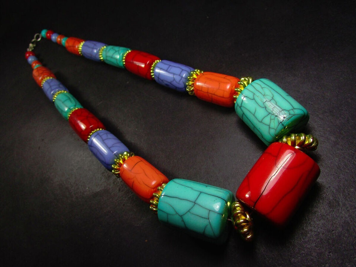 N7695 Ethnic Fashion Multi Color Resin Beads Gypsy Tribal Necklace Tibet Jewelry