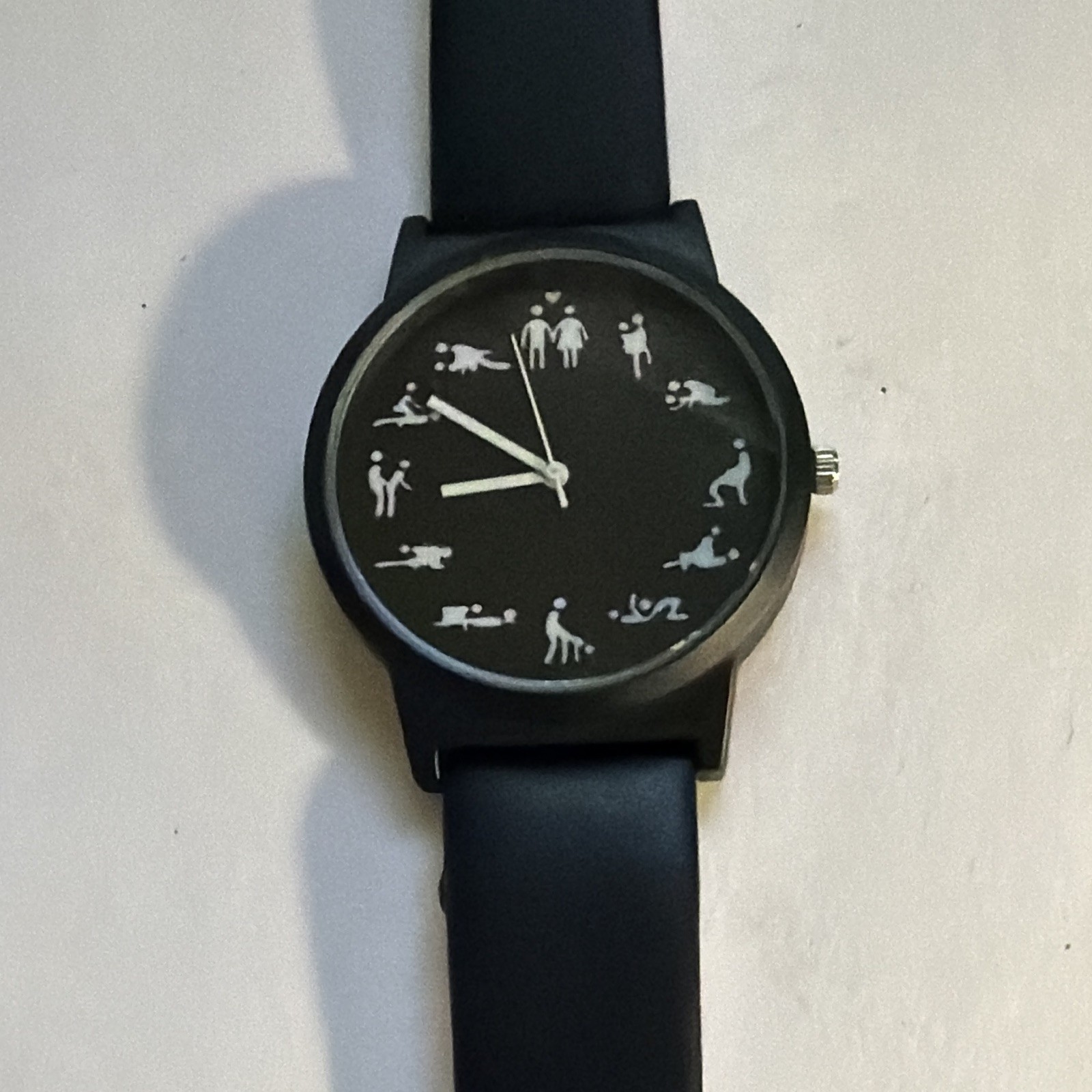 Black Analog Stick Figures Dial Watch 12-Hour Black Case Black Leather Strap