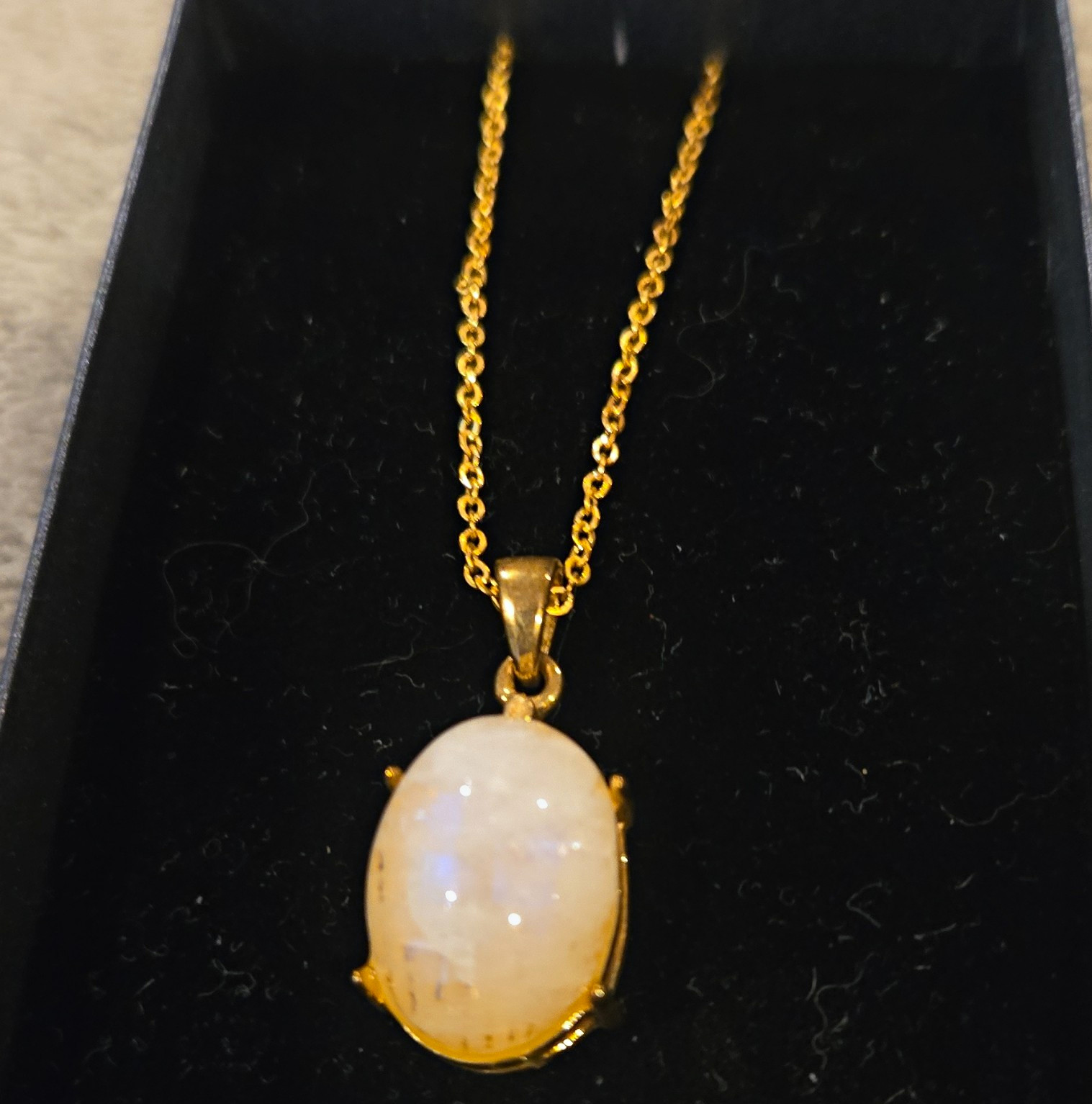 Gold Tone White Oval Opal Pendant Necklace, Cable Chain, Lobster Clasp