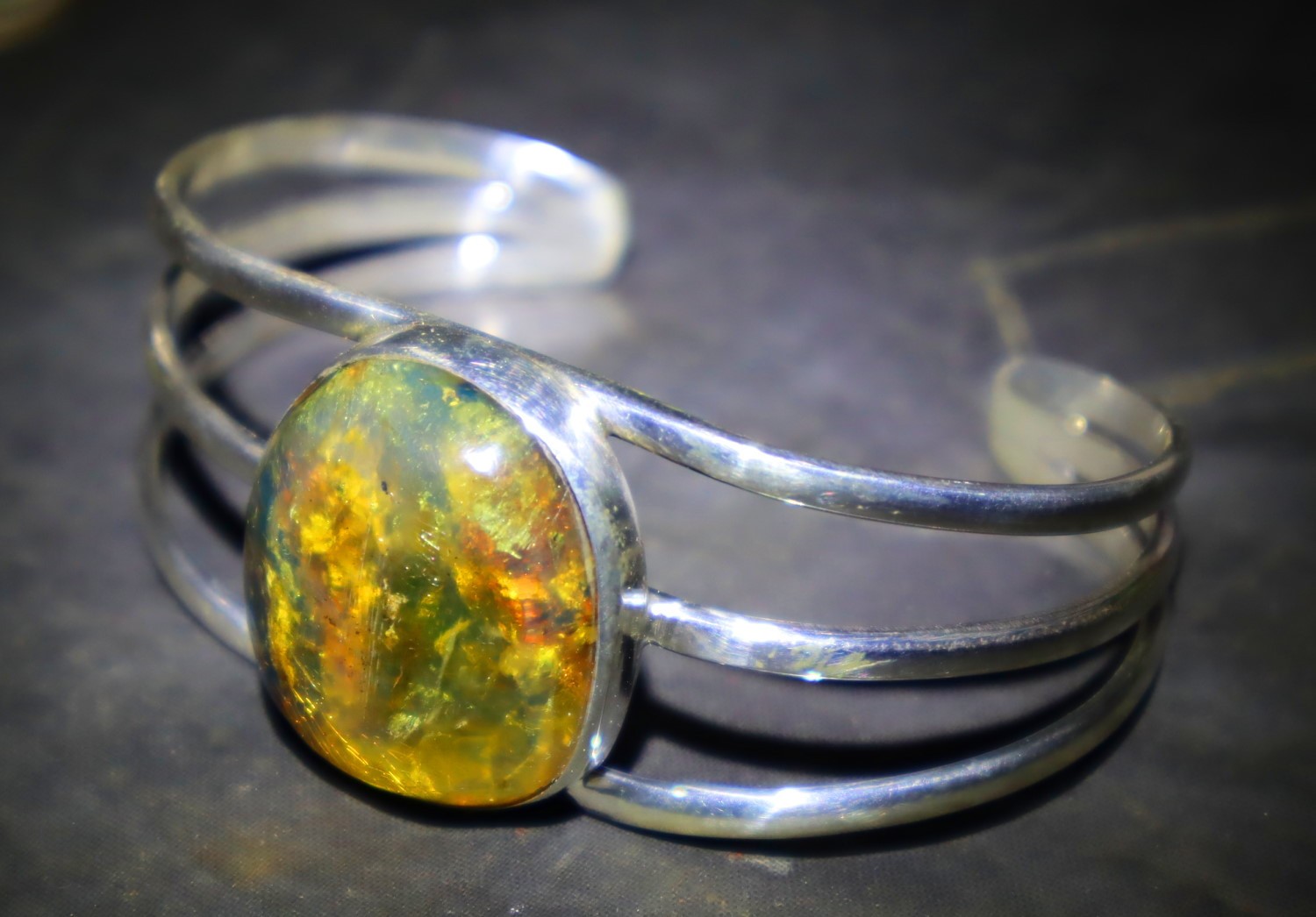 Hugh Natural Clear Green Blue Amber solid .925 Sterling Silver Cuff Bangle 7inch