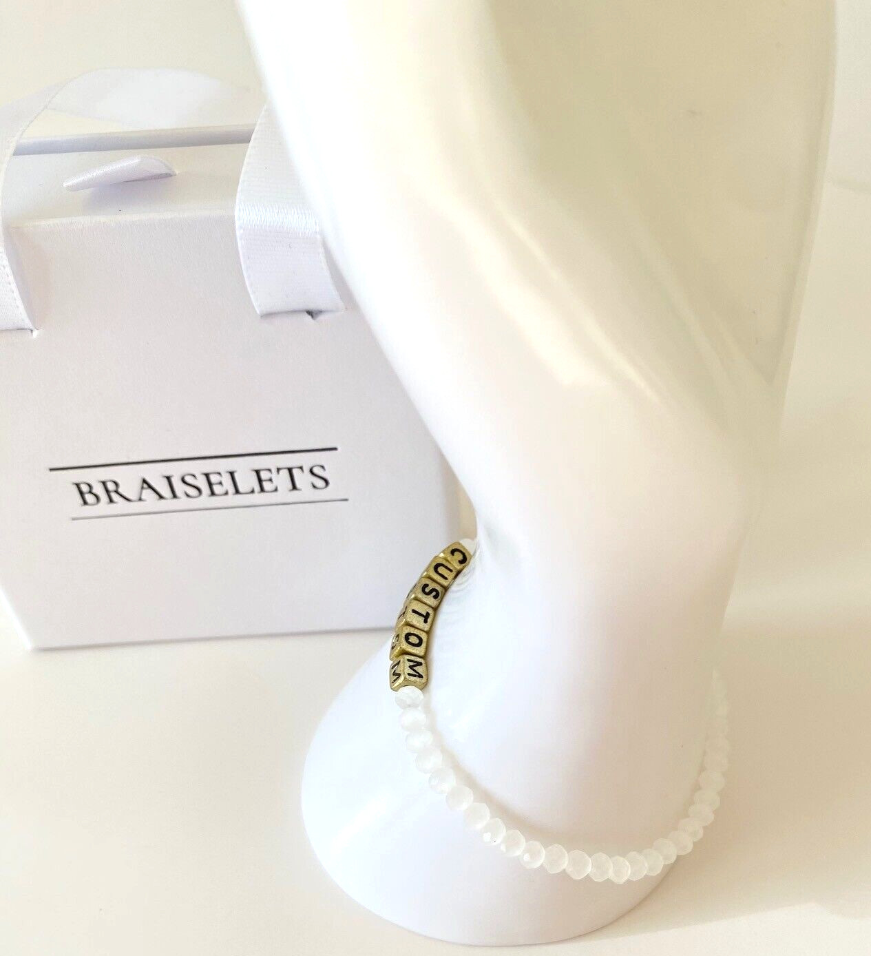 Personalized Name Bracelet 4mm White Beads Gold Letters For Women Dainty Jewelry