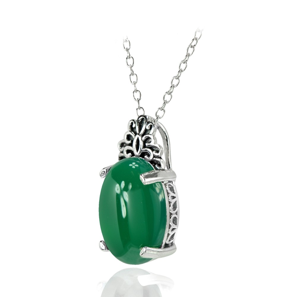 Oxidized Bali Inspired Filigree Oval Simulated Jade Necklace in 925 Silver