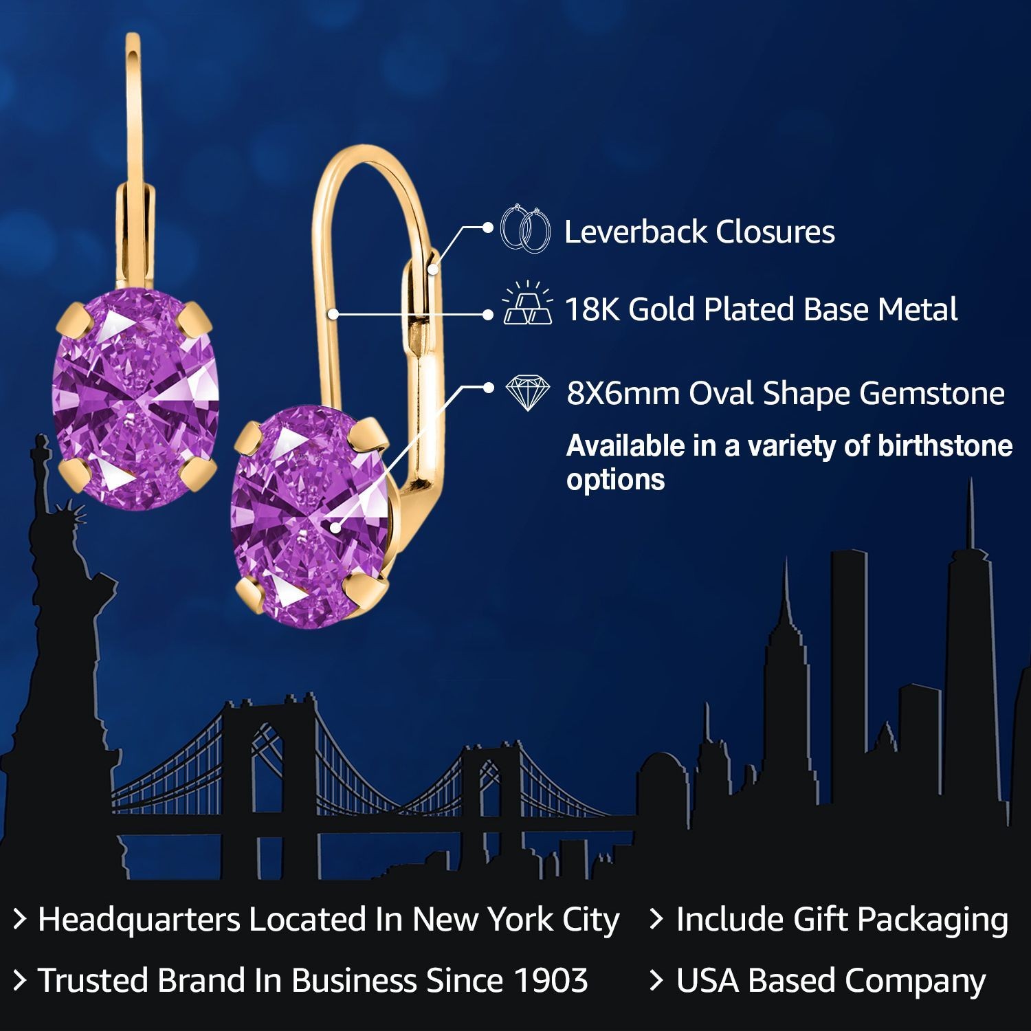 18K Yellow Gold Plated Silver Fancy Purple Zirconia Earrings for WomenWomen |