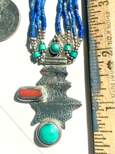 Vintage Sterling Nepalese Necklace Turquoise, Lapis Coral 17.0″ Length 24 gms