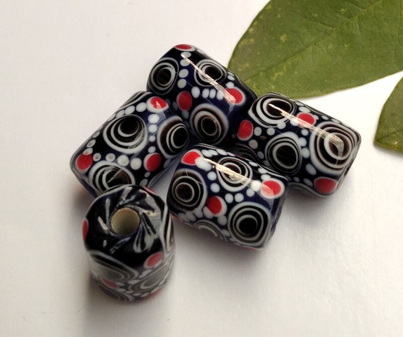 10pcs handmade Lampwork glass beads white circle red dot black cylinder 10*15mm