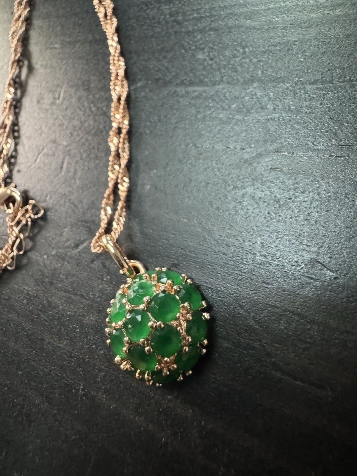 585 14K RG Stamped Rolled Gold Cluster Green Emerald Pendant 19” Necklace Chain