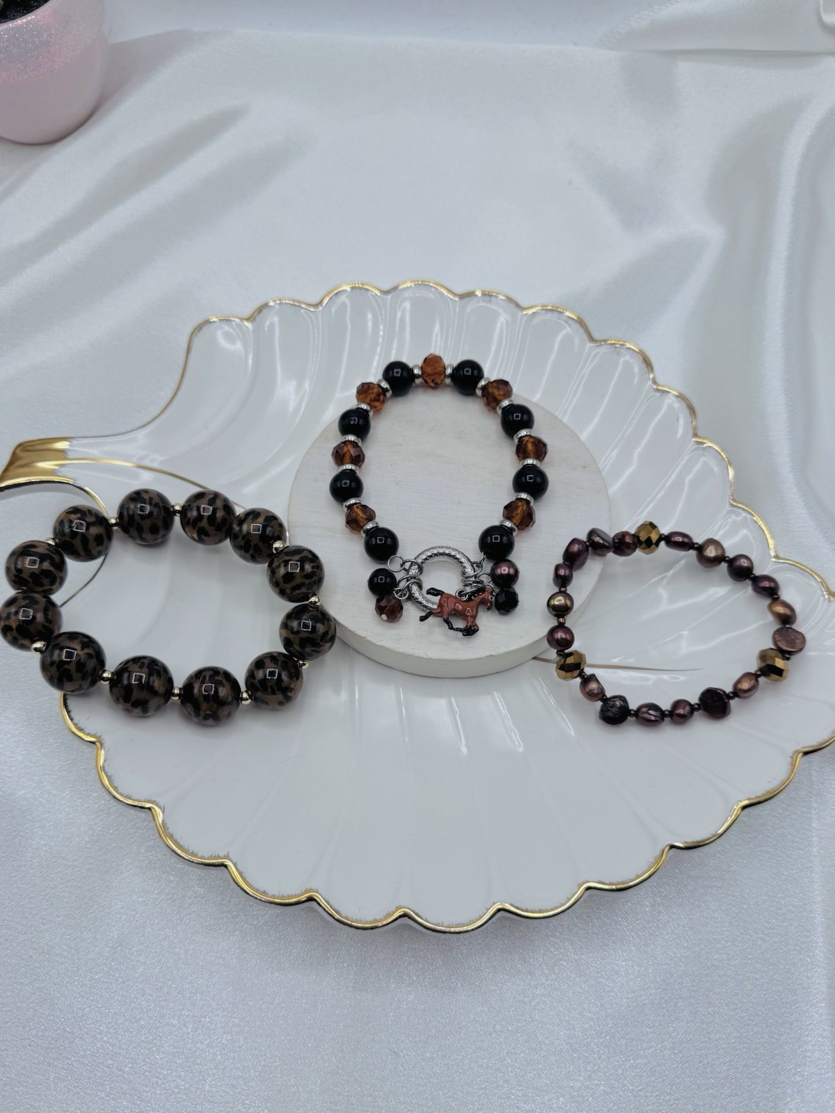 Western Horse Charm Stretch Bracelet Stack Set | Leopard Print, Faux Pearls