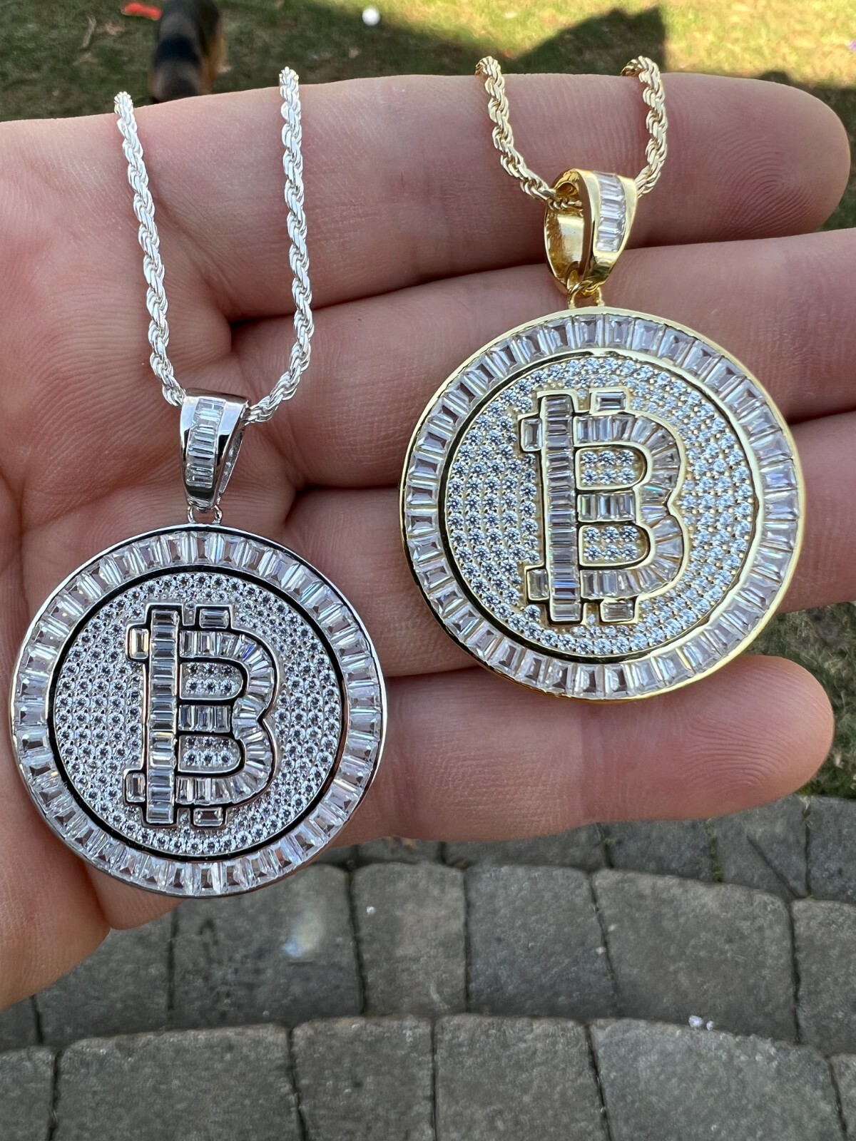 Solid 925 Silver 14K Gold Plated Bling Out BITCOIN CZ Hip Hop Pendant Necklace