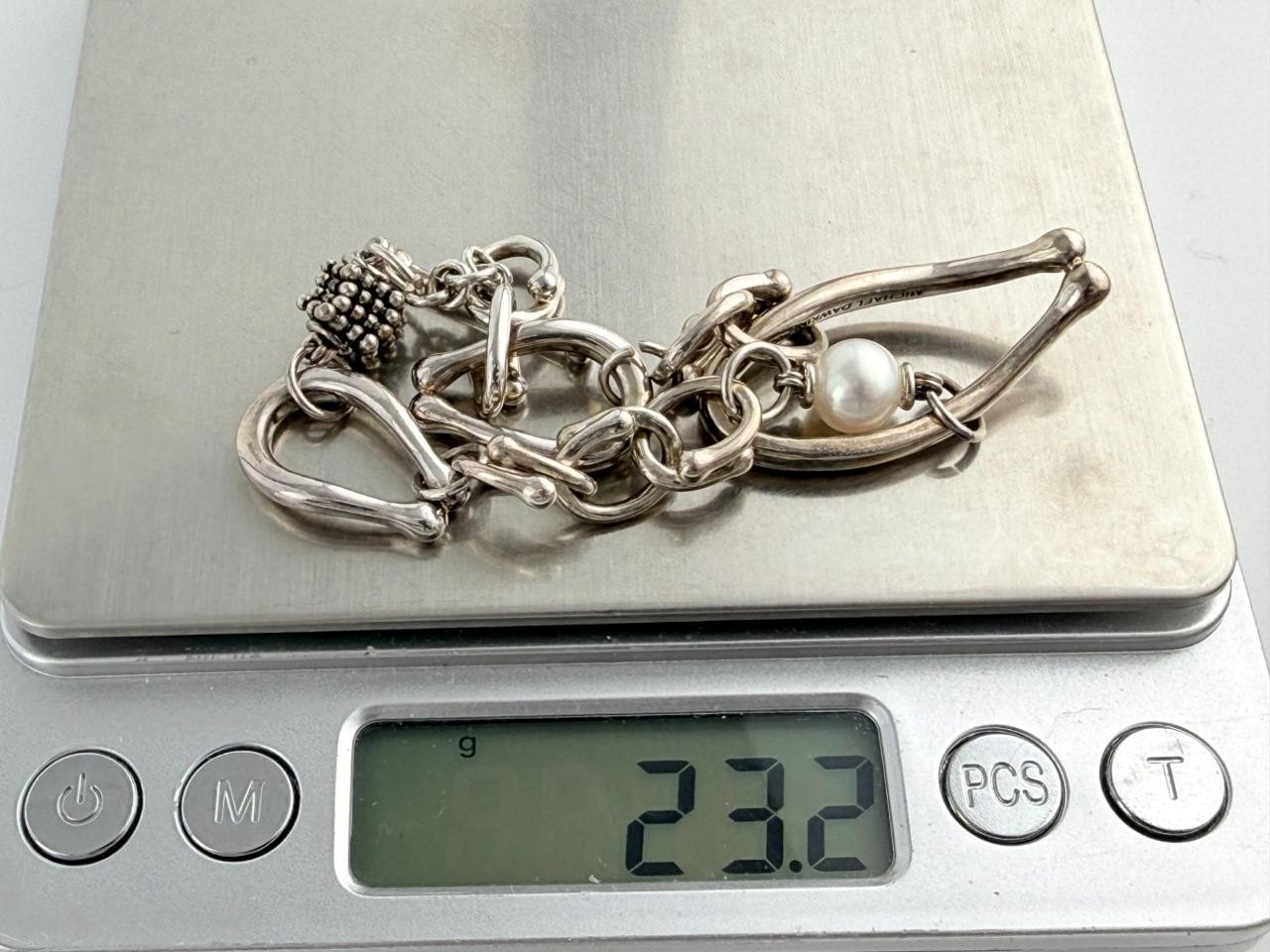 Michael Dawkins Sterling Silver Horsebit Chain Pearl Bracelet 6.5 Inch Length