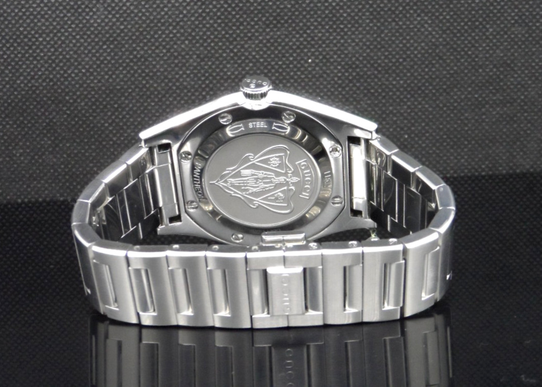 Gucci YA115209 Pantheon 115.2 Series Silver Tone Date Black Dial Men’s Watch