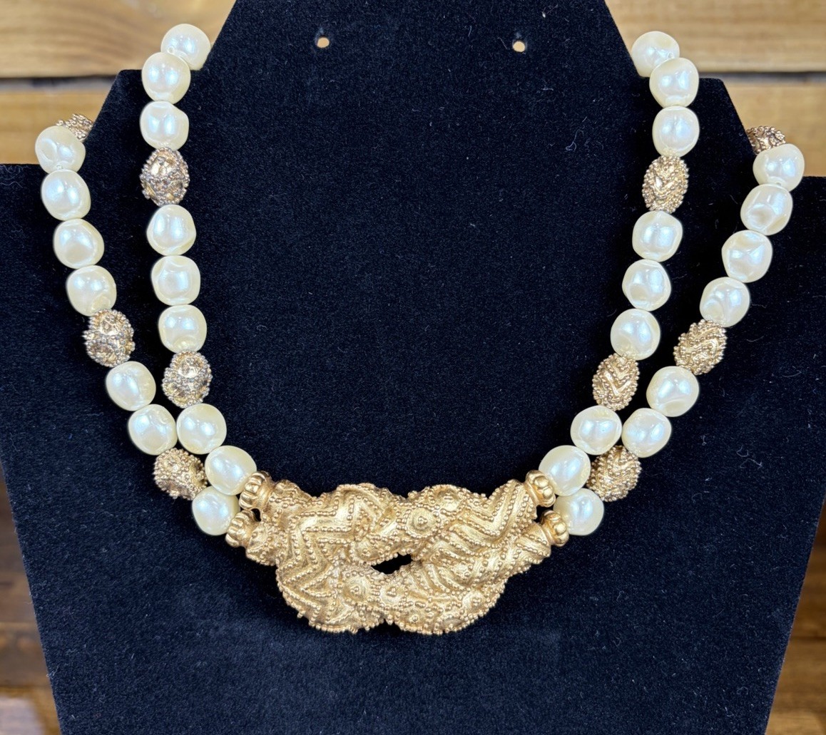 Franklin Mint Mary McFadden Beaded Pearl Necklace 1988 Etruscan Gold Plated