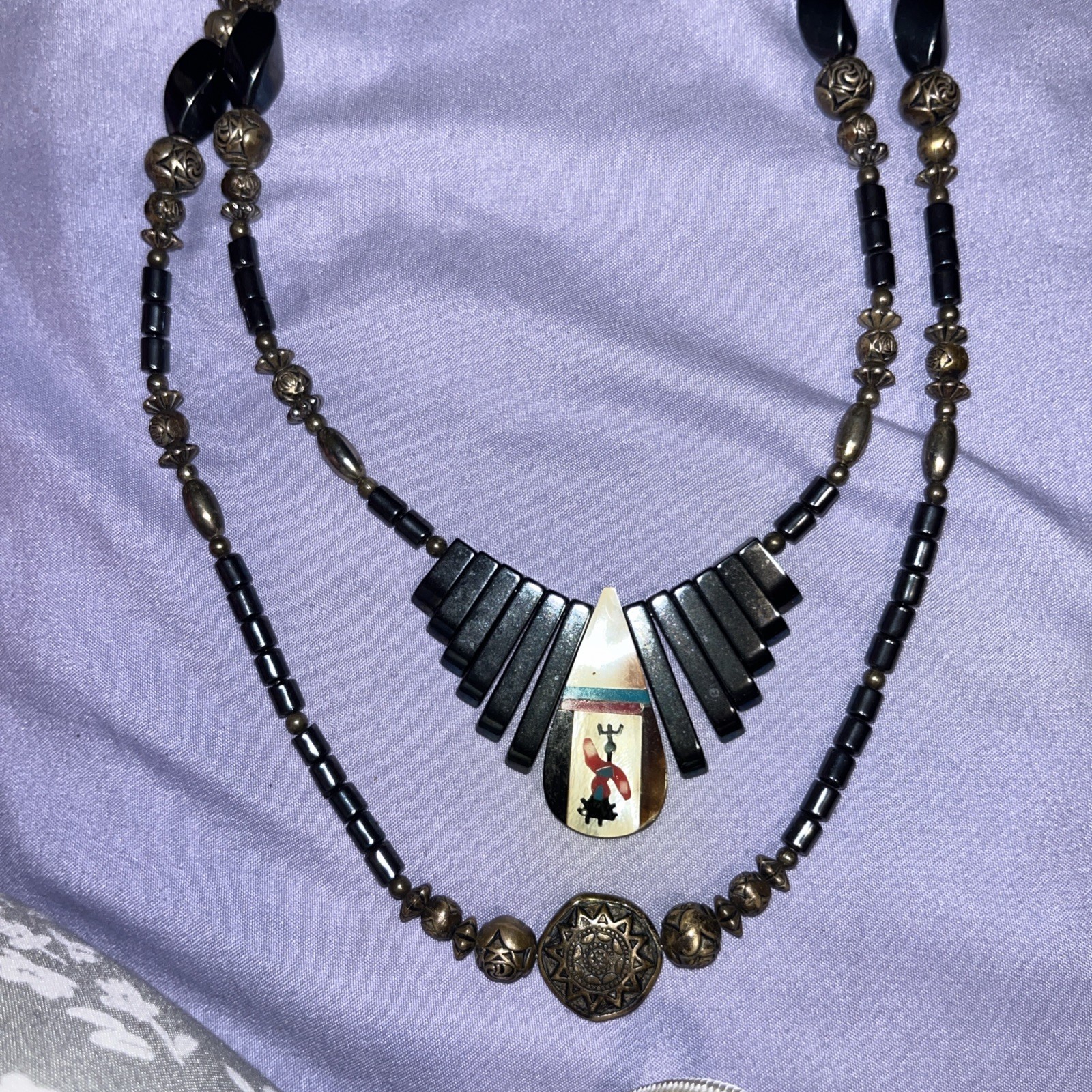 Vintage tribal Double-Strand Necklace Teardrop Charm Pendant Gold Tone Bead