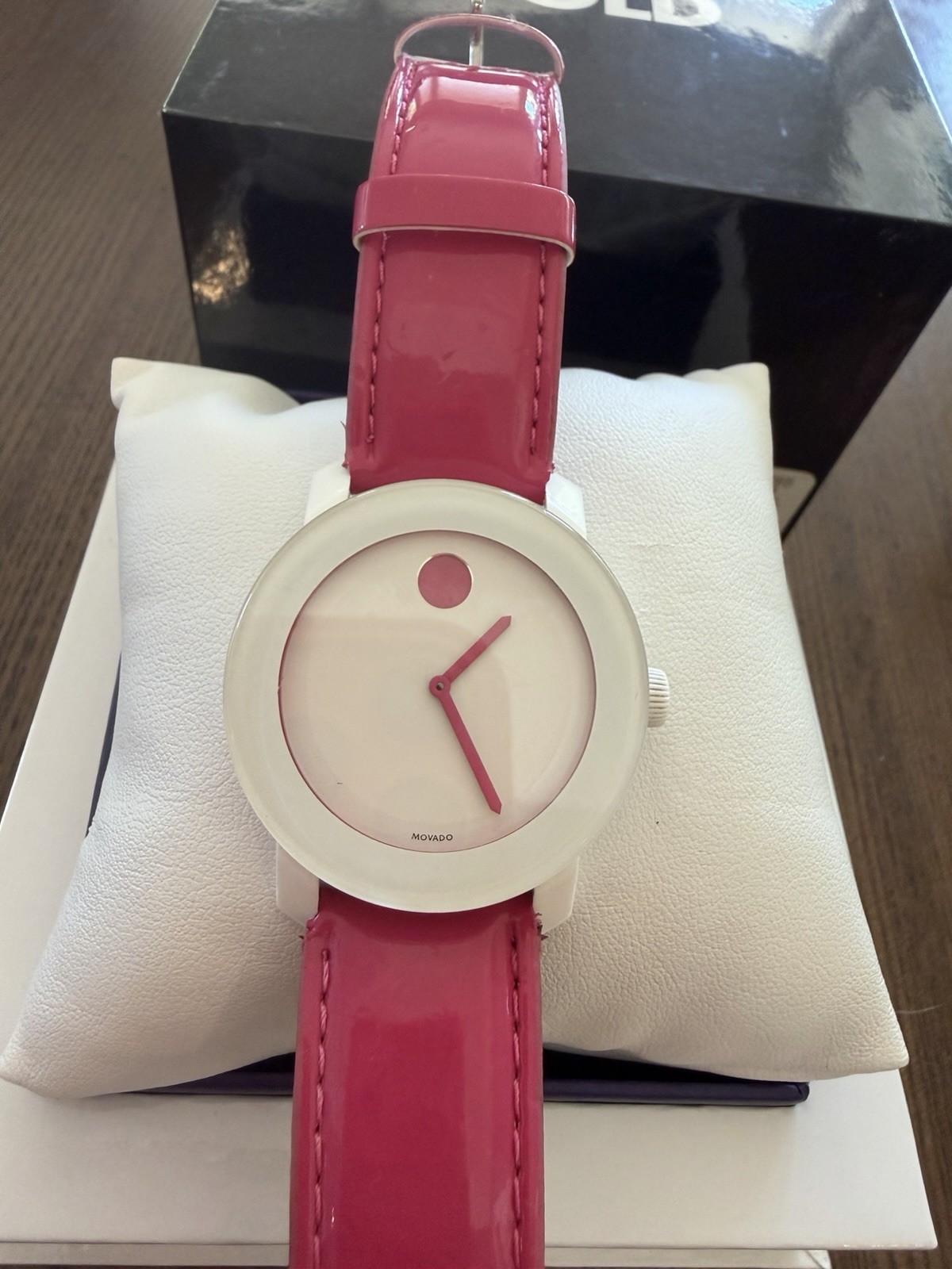 Movado Women’s BOLD Pink Leather Pink Dot Swiss 36mm Steel Watch 3600177