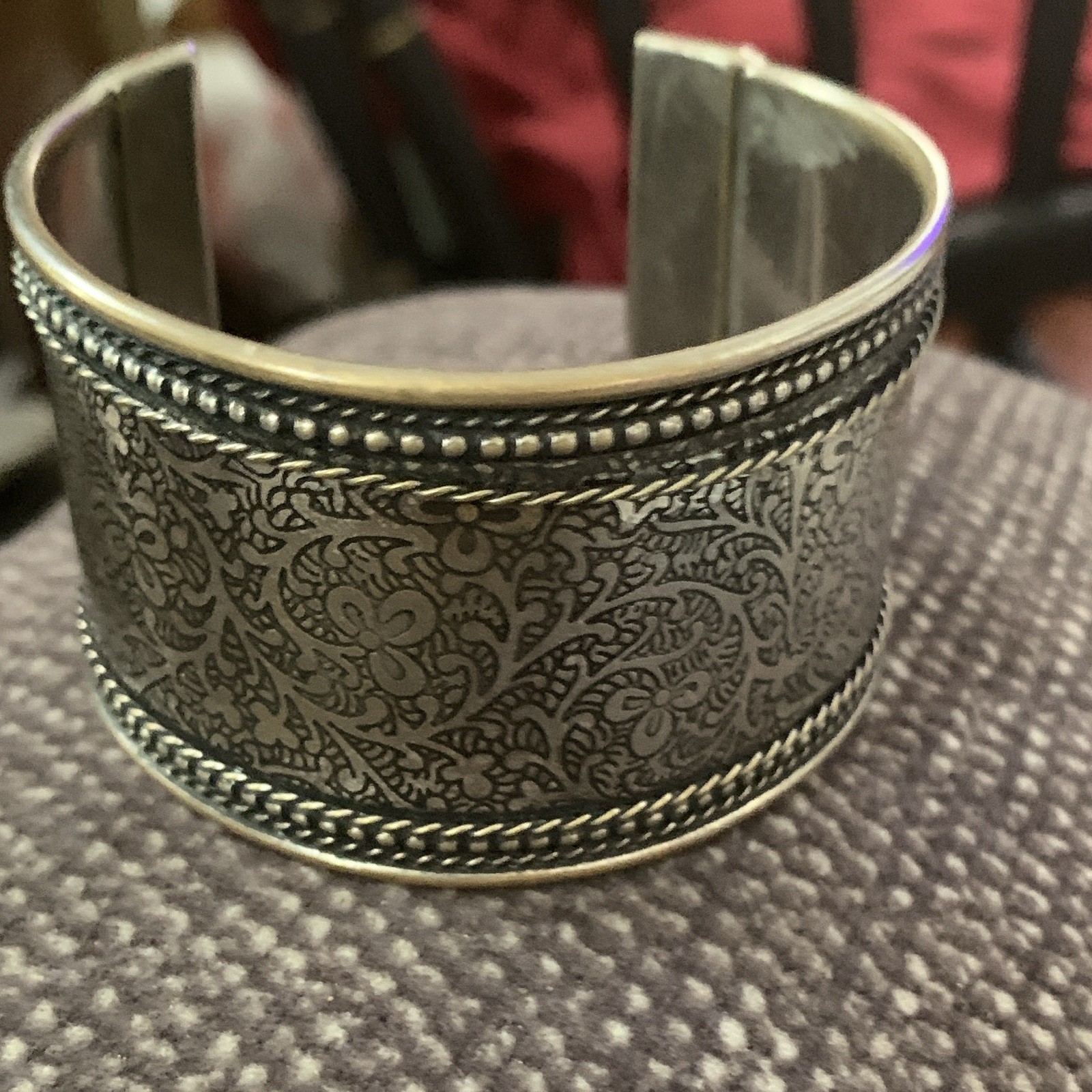 Silver Tone Etched Floral Pattern Wide Cuff Bracelet, Metal, No Stone