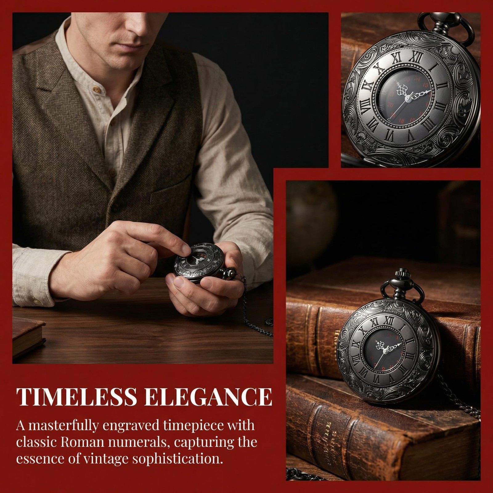 Mens Vintage Quartz Pocket Watch Roman Numerals With Gift Box Black or Bronze
