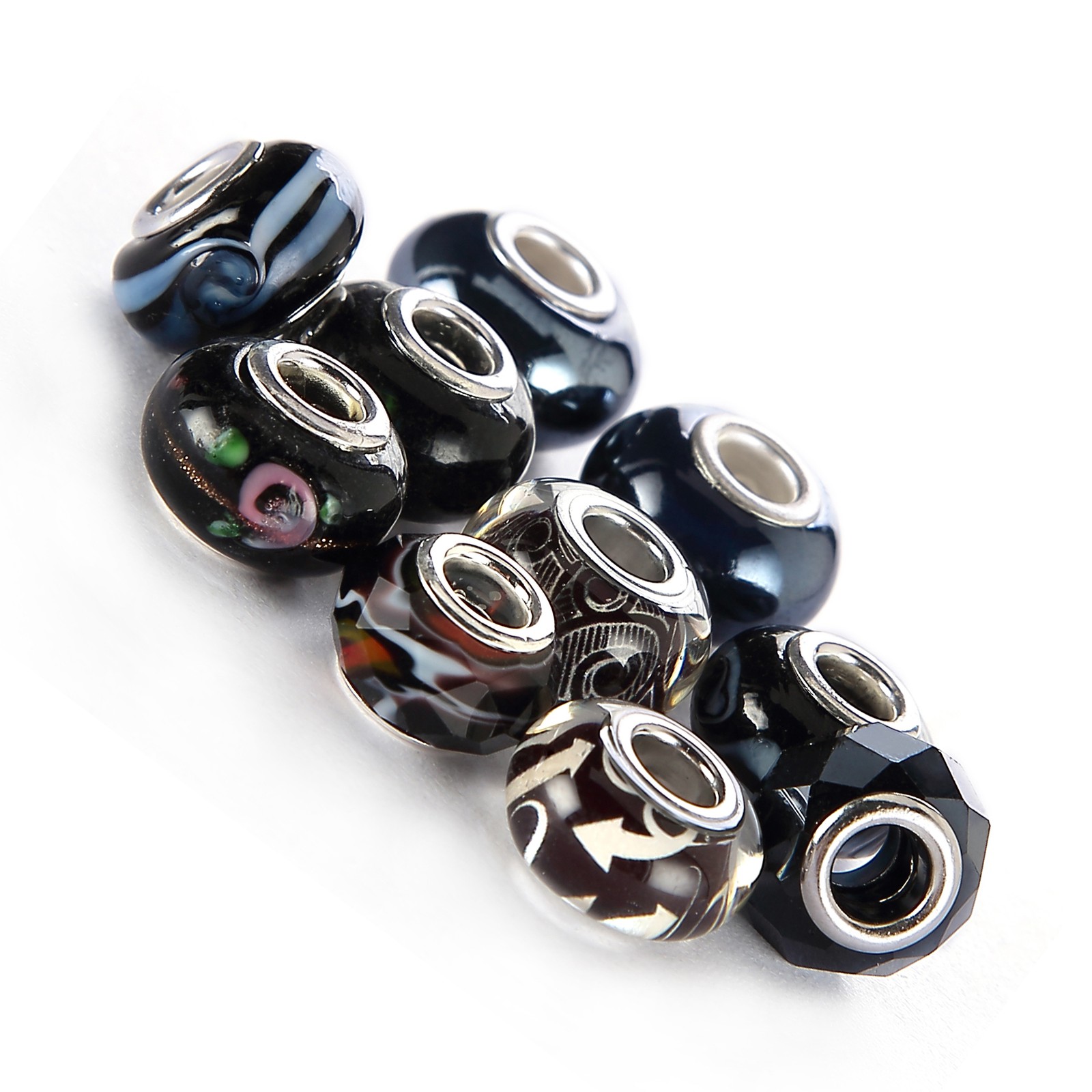 Mix Silver Plate Black Theme Murano Lampwork European Glass Crystal Charms Beads