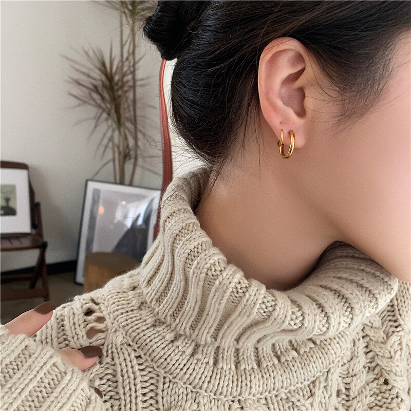 Woman 18K Gold Plated Stainless Steel Earring Stud Ear Rings Hoop Huggie Spiral