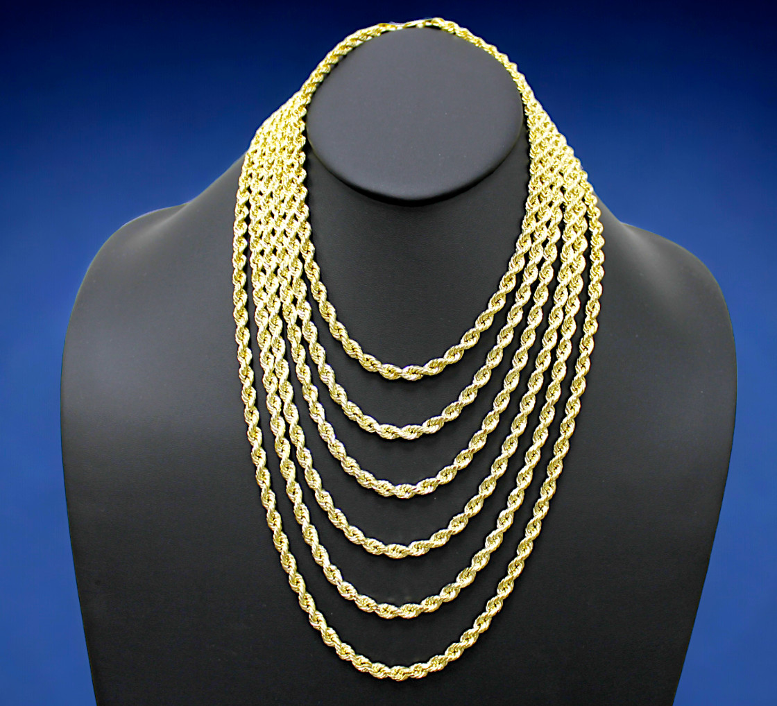 10K Yellow Gold Rope Necklace Bracelet Chain Diamond Cut 2mm-10mm 7″-30″
