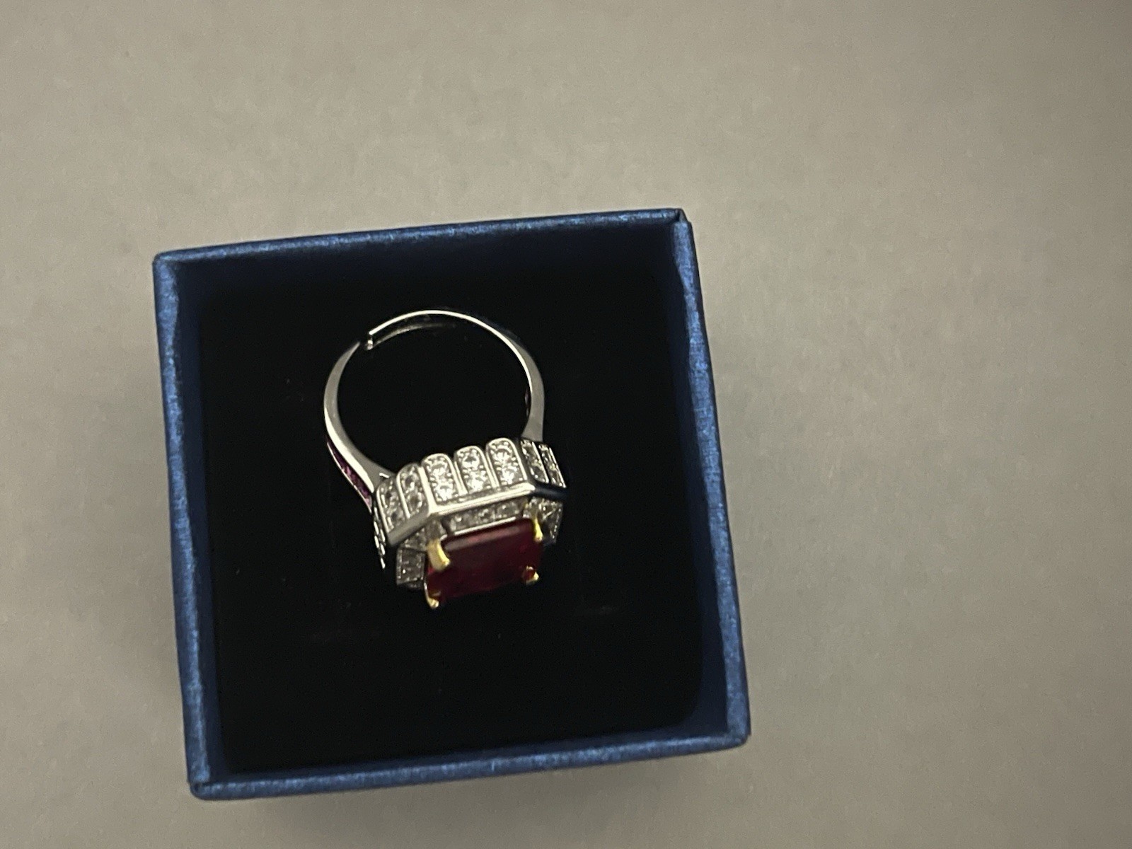 Gorgeous Simulated Princess Cut Ruby and Diamond Silver Ring Size 8