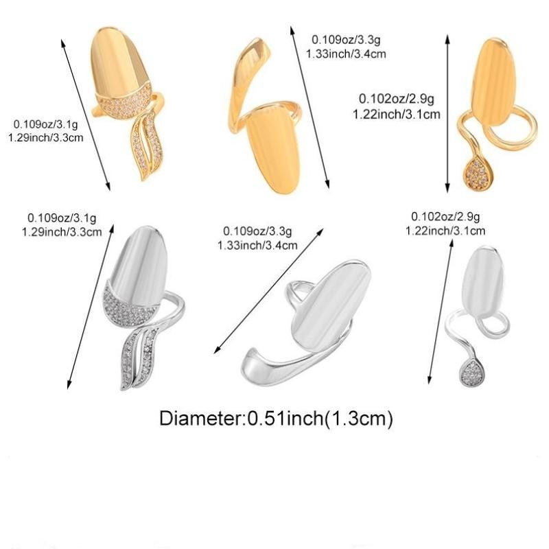 3PCS Detachable Zircon Nail Rings Gold Silver Reusable Nail Cover Finger Jewelry