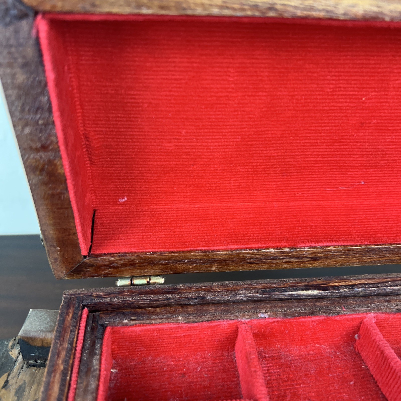 VTG Mid Century Castle Wooden Jewelry Box Red Velvet Lined 13.5″ Medieval Patina