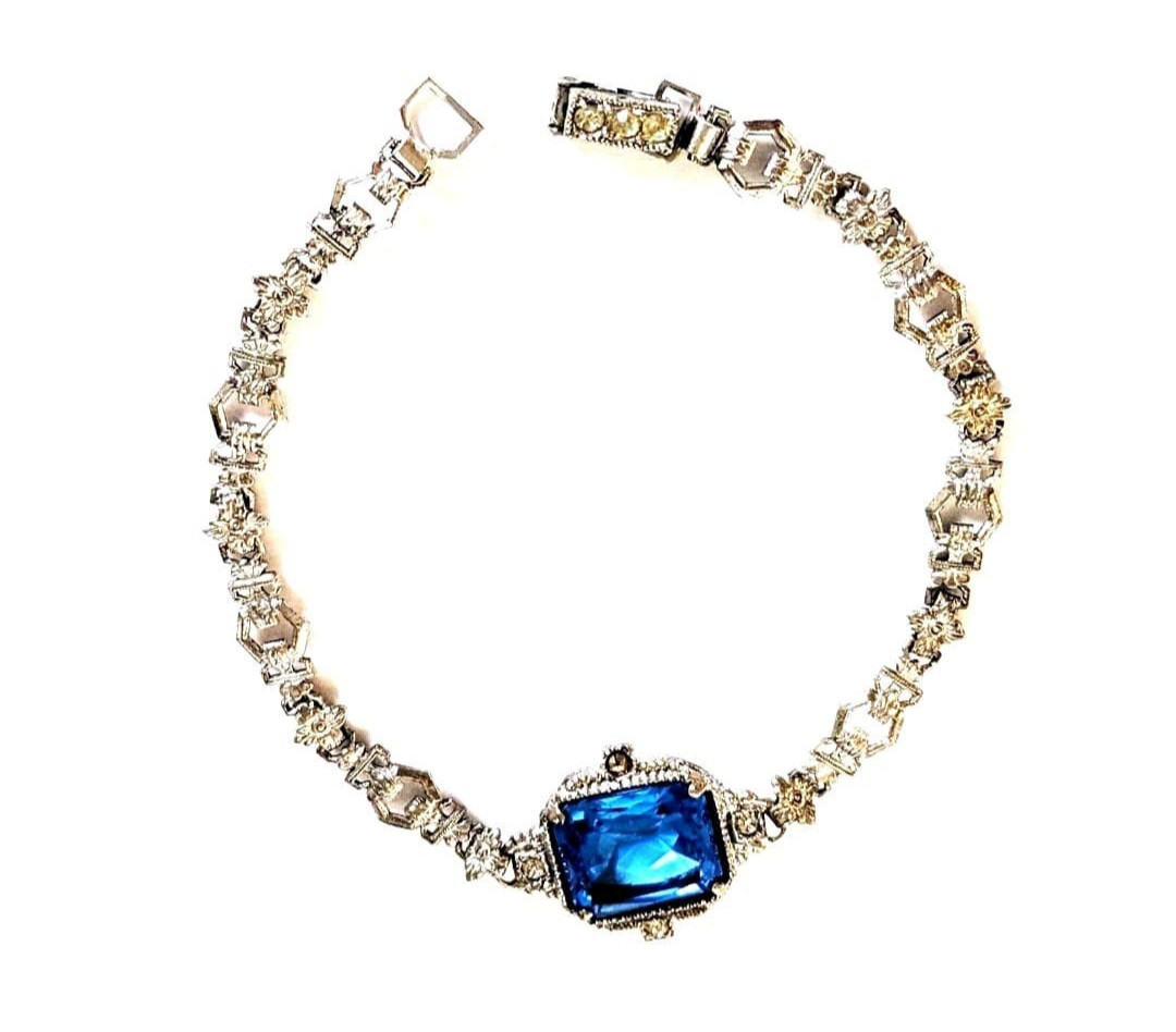 VintageEdwardian Filigree Silvertone Blue Glass Lariat Necklace and Bracelet