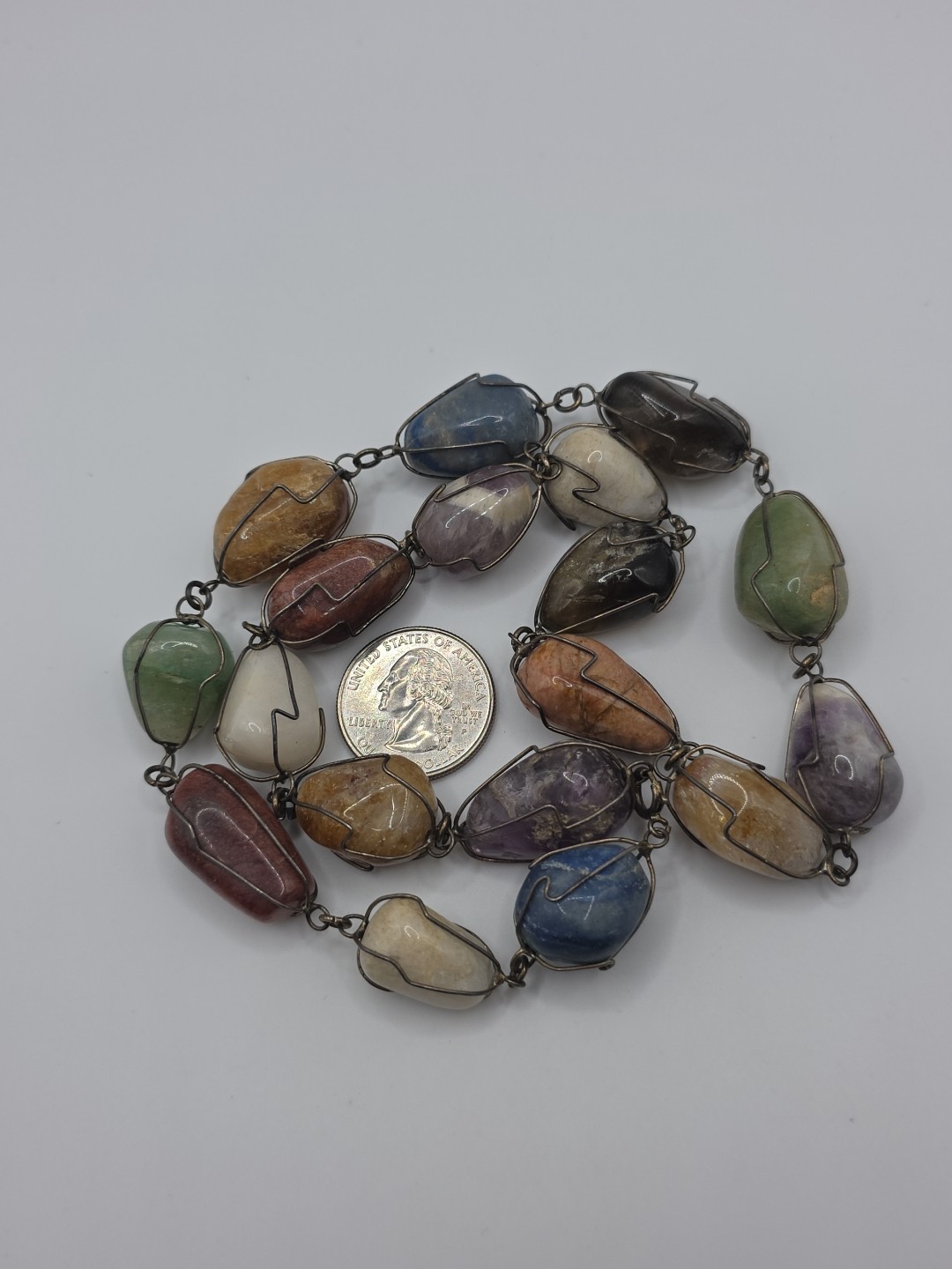 Vintage Sterling Silver 925 Tumbled Stones Wire Cage Necklace 20″ 114g