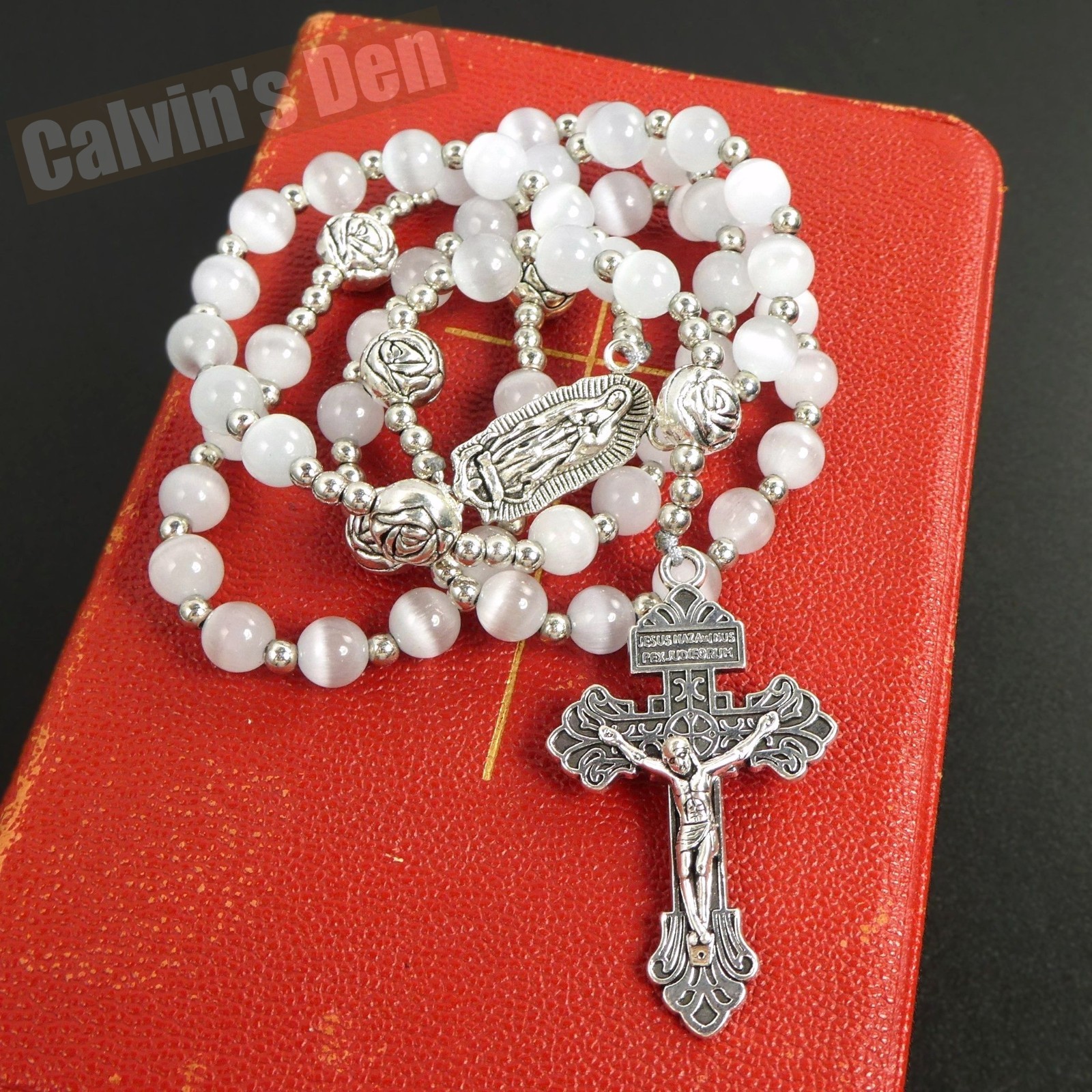 Our Lady Of Guadalupe Crucifix Rosary Necklace White Cat’s Eye Bead Men Women